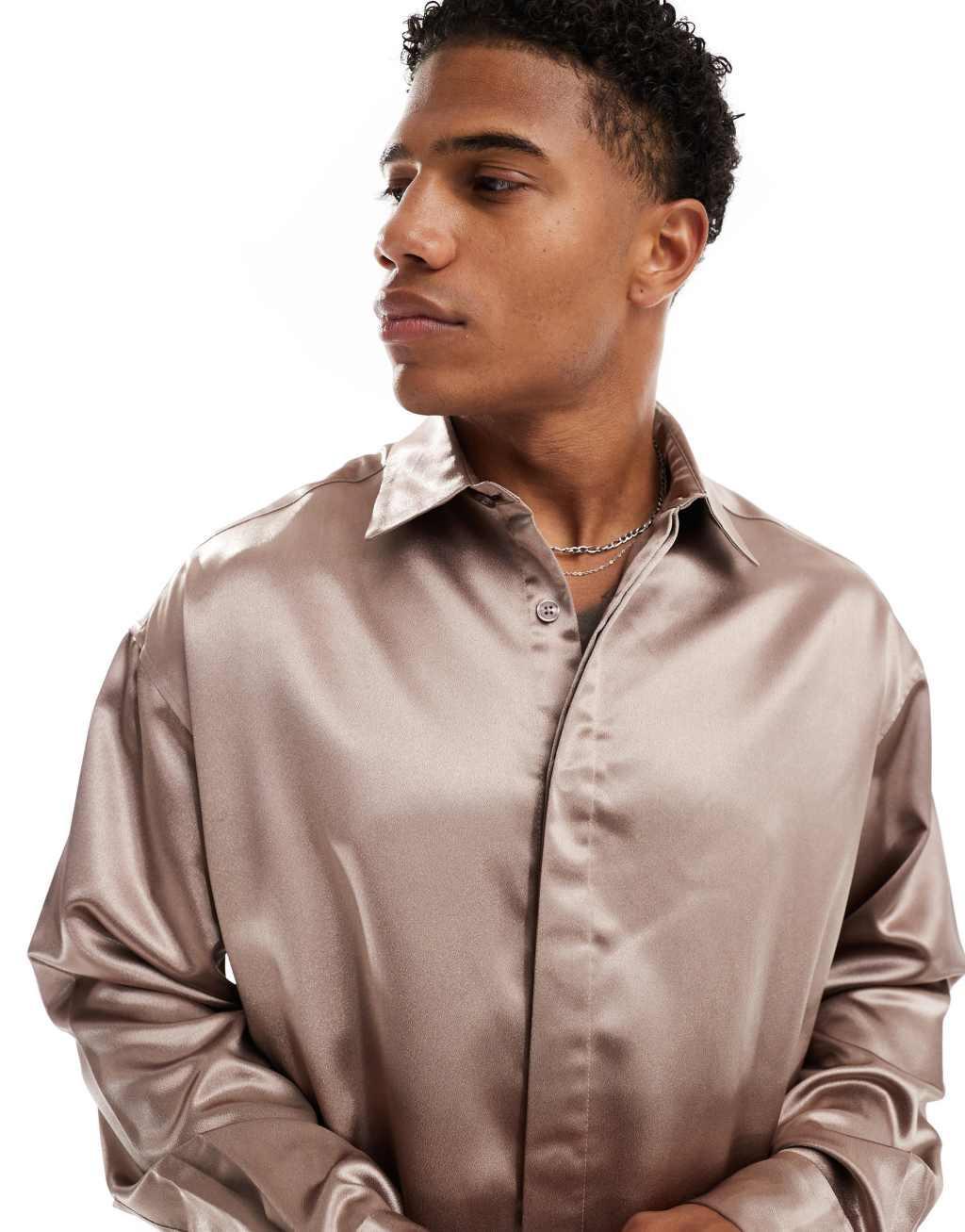 ASOS DESIGN oversized satin shirt with concealed buttons in stone Product Image