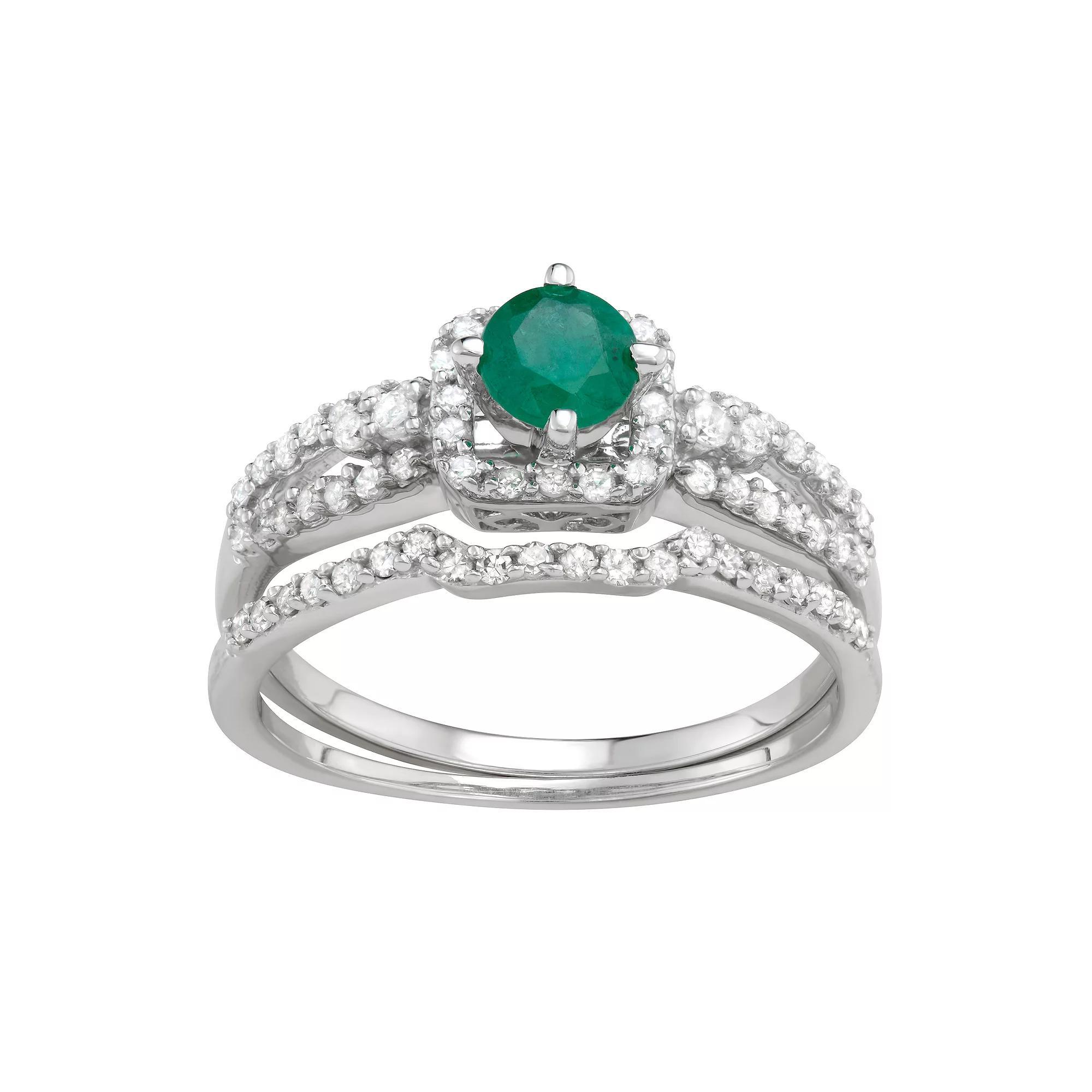 10k White Gold Emerald & 1 Carat T.W. Diamond Engagement Ring Set, Women's, Size: 8, 10k Whgold Product Image