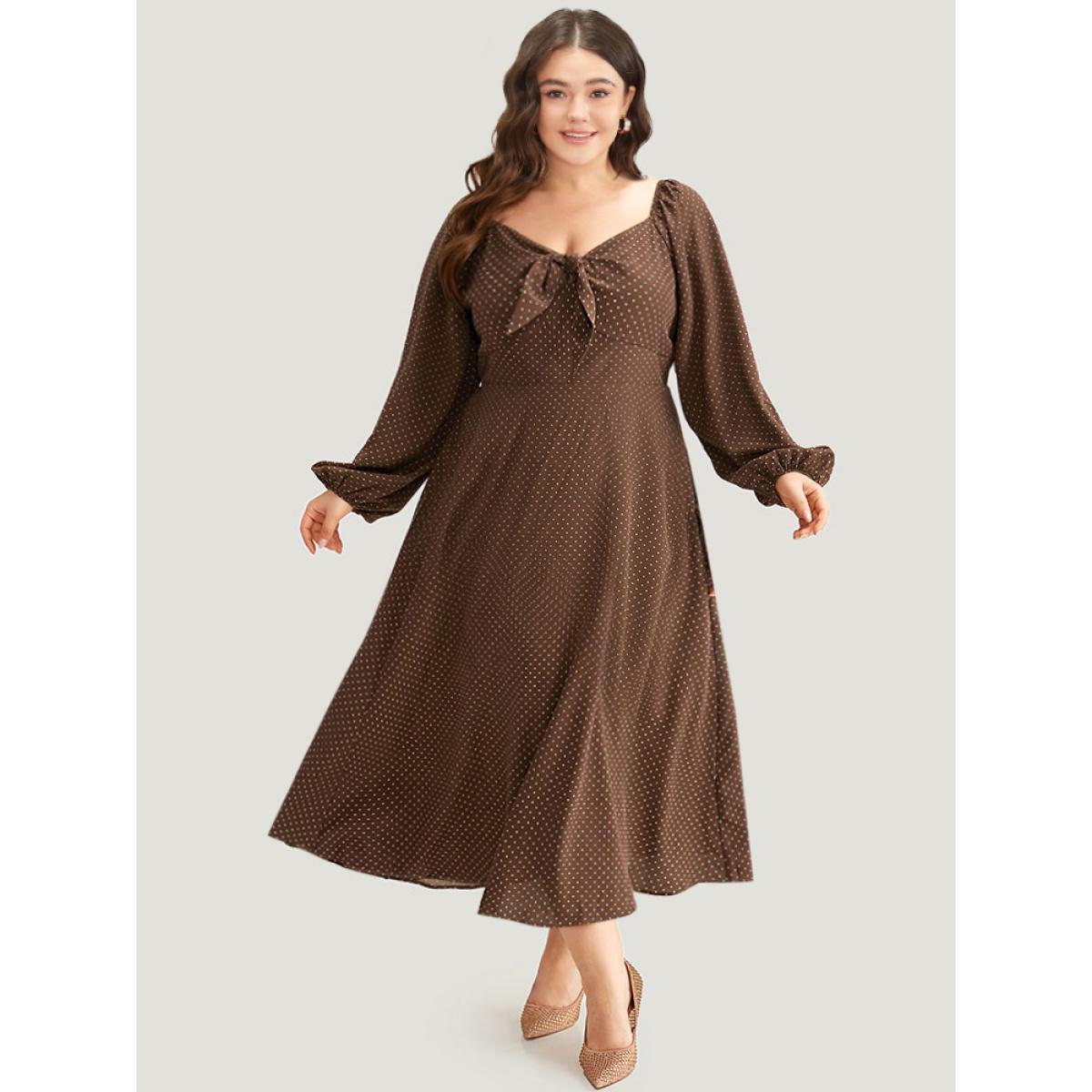 Plus Size Polka Dot Knot Neck Lantern Sleeve Dress DarkBrown Women Elegant Elastic cuffs Tie Neck Long Sleeve Curvy Midi Dress BloomChic 10/M Product Image