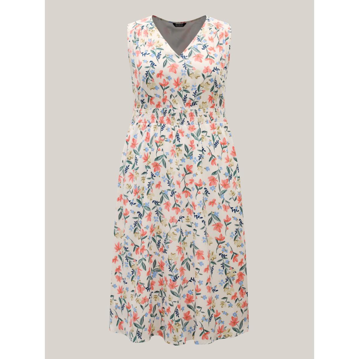 Plus Size Shirred Waist Floral Print Pockets Midi Dress Ivory Women V-neck Sleeveless Curvy BloomChic 10/M Product Image