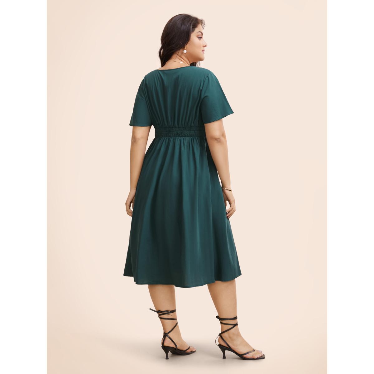 Plus Size Square Neck Ruffle Sleeve Shirred Dress ArmyGreen Women Elegant Shirred Square Neck Short sleeve Curvy BloomChic 18-20/2X Product Image