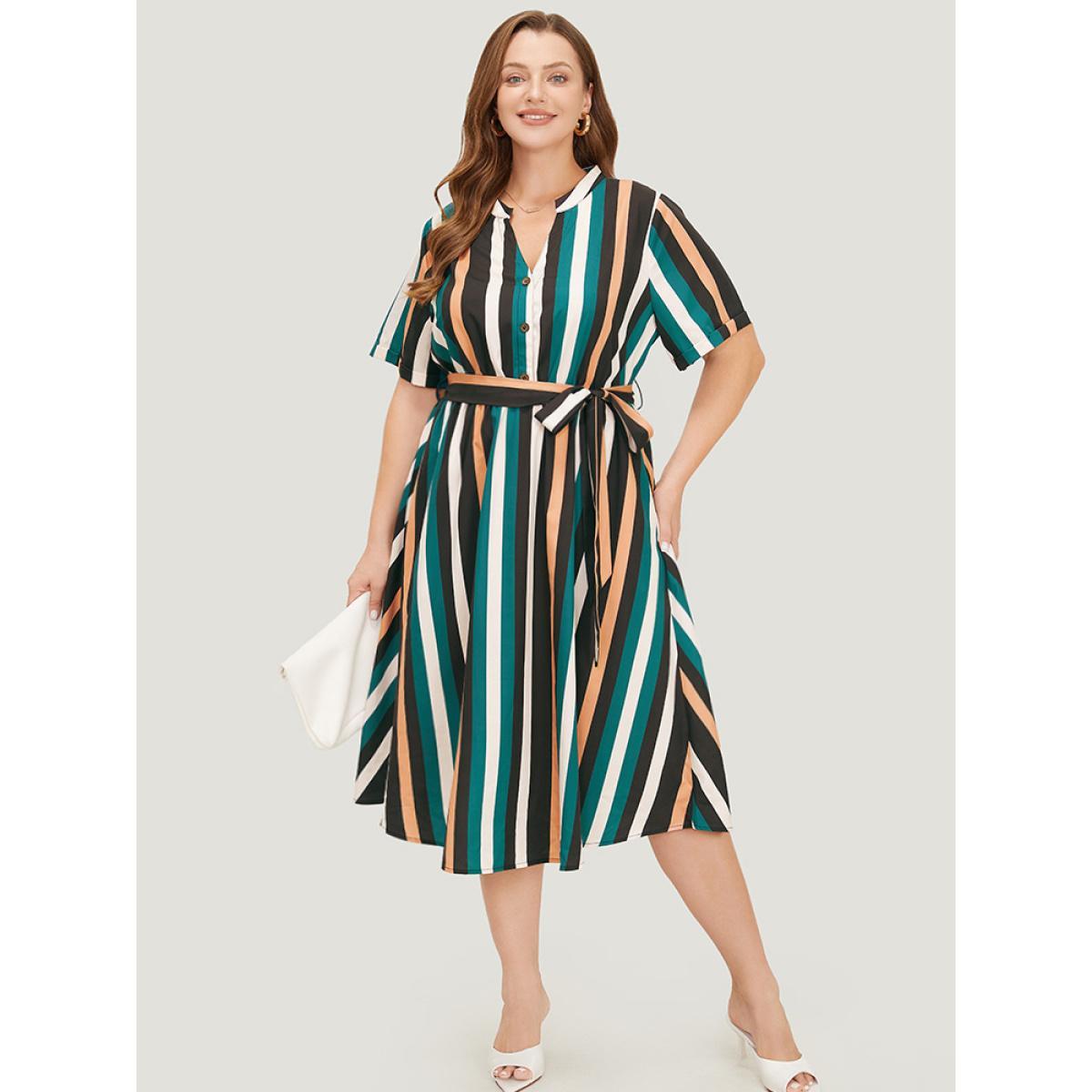 Plus Size Striped Contrast Button Detail Belt Pocket Notched Dress Multicolor Women Office Belted Notched collar Short sleeve Curvy Midi Dress BloomChic 18-20/2X Product Image