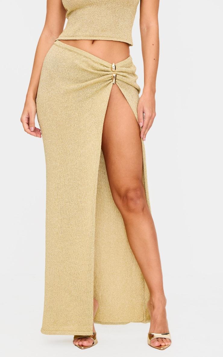 Gold Lurex Knit Gold Trim Side Split Maxi Skirt Product Image