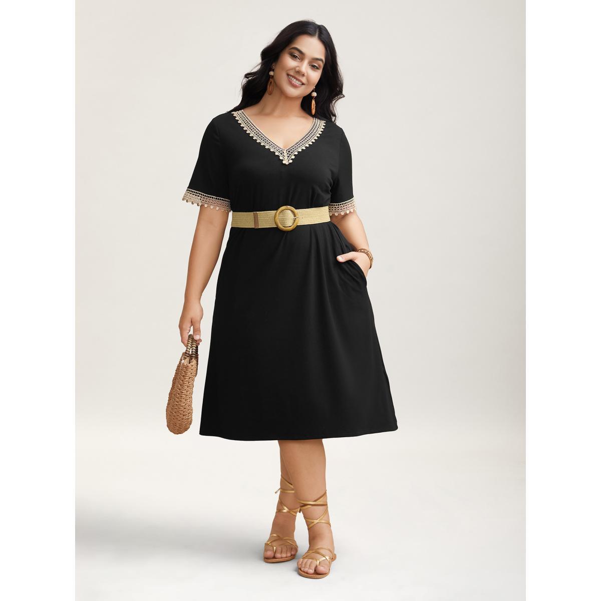 Plus Size Super Soft V-Neck Lace Midi Dress Black Women Resort Woven ribbon&lace trim Knit Dresses Bloomchic 22-24/3X Product Image
