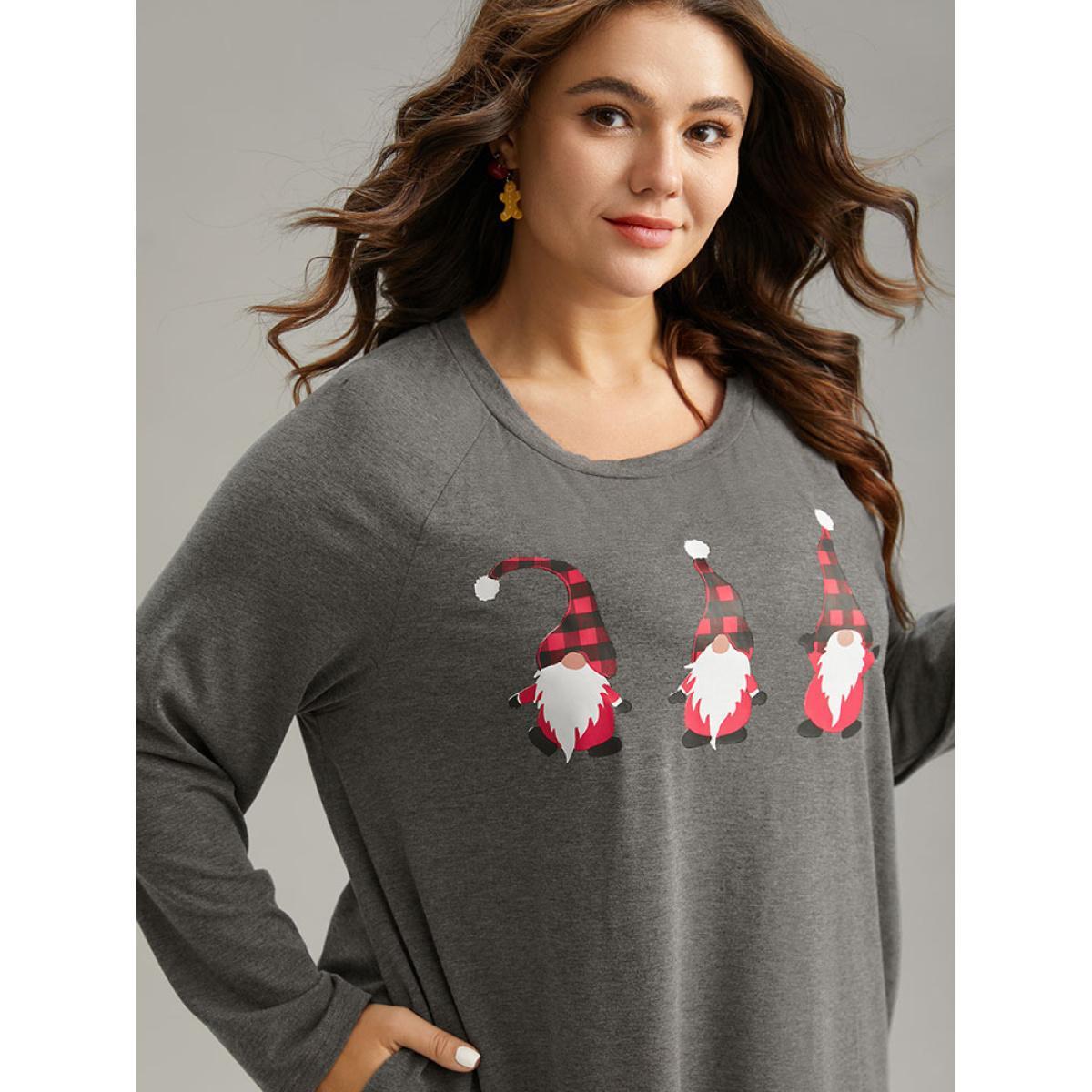 Plus Size Santa Claus Print Long Sleeve T-shirt Gray Women Casual Printed Christmas Dailywear T-shirts BloomChic 22-24/3X Product Image