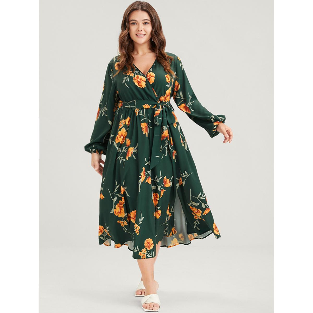Plus Size Floral Pocket Lantern Sleeve Flutter Split Hem Ties Wrap Dress DarkGreen Women Elegant Cross straps V-neck Long Sleeve Curvy Midi Dress BloomChic 26/4X Product Image