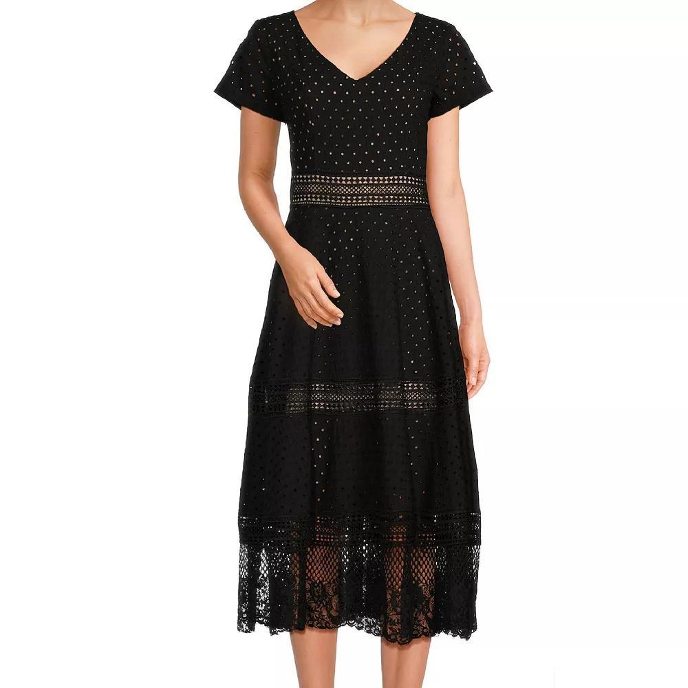 Women's Focus By Shani Cotton Eyelet Midi Dress with Lace Insets, Size: 6, White Product Image