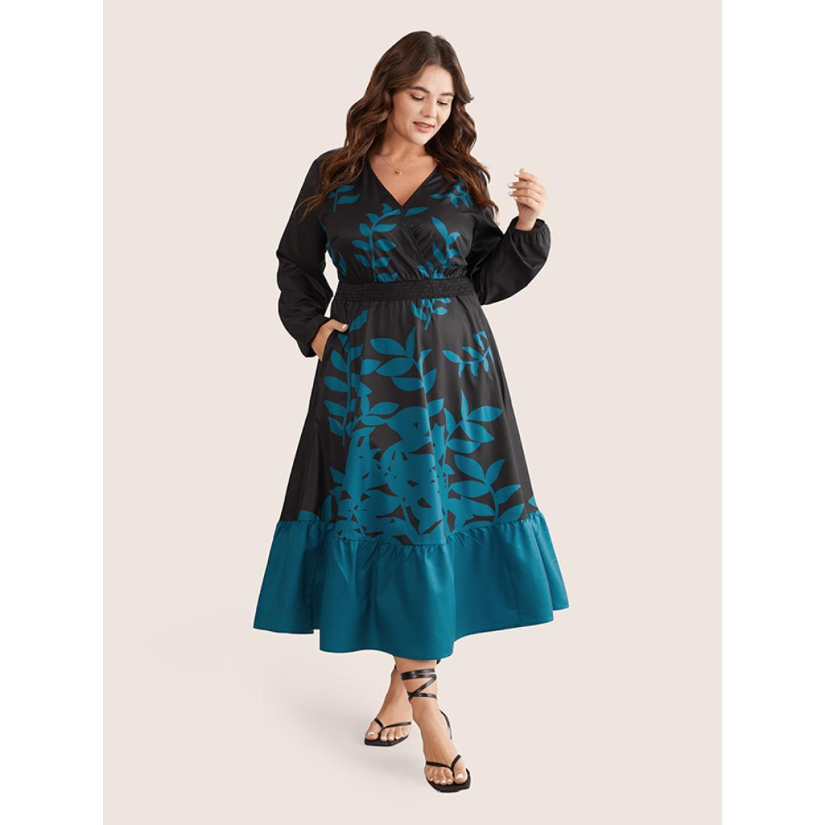 Plus Size Silhouette Floral Print Surplice Neck Shirred Dress Emerald Women Elegant Elastic cuffs Overlap Collar Long Sleeve Curvy Midi Dress BloomChic 10/M Product Image