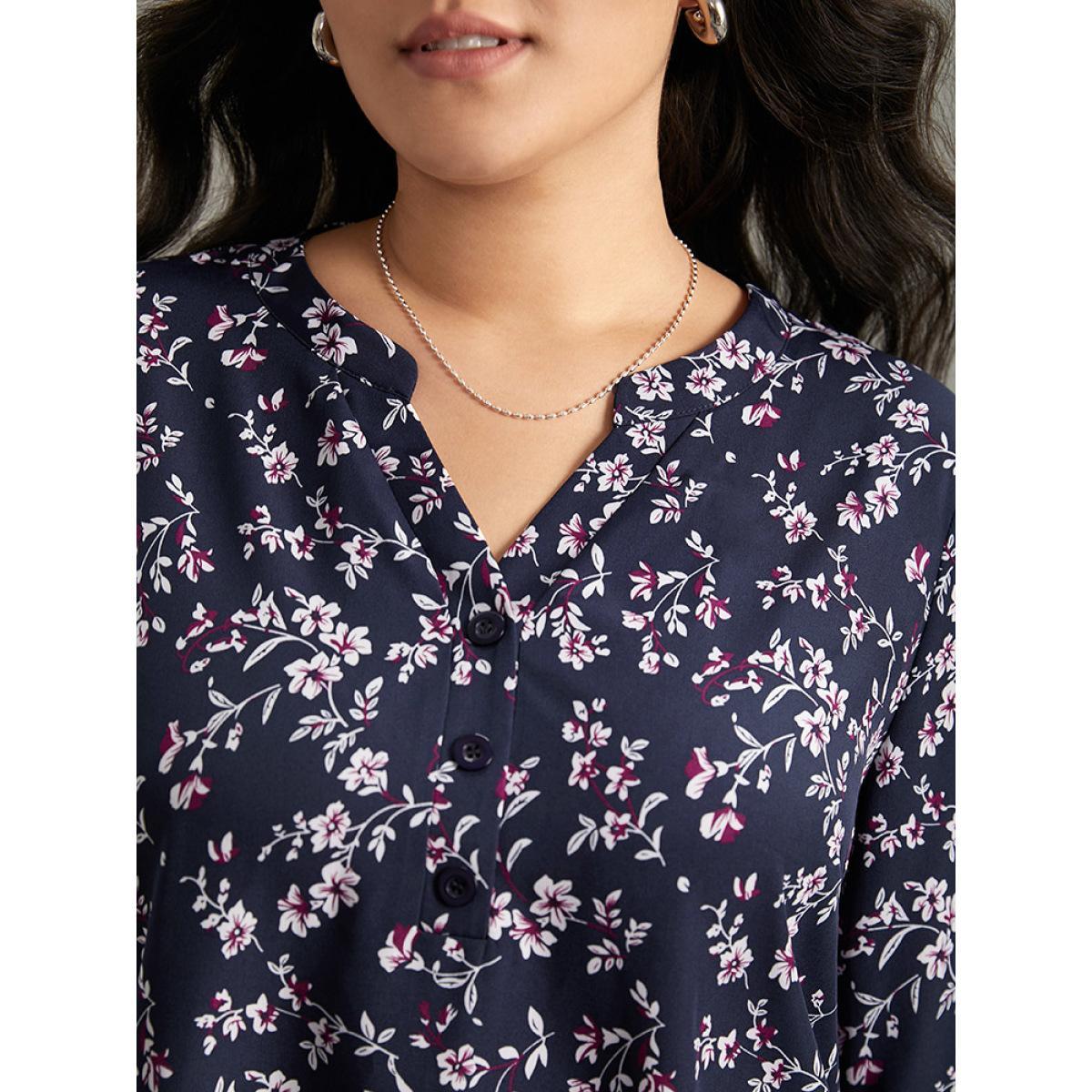 Plus Size Indigo Ditsy Floral Pleated Cuffs Patchwork Blouse Women Elegant Elbow-length sleeve V-neck Dailywear Blouses BloomChic 18-20/2X Product Image