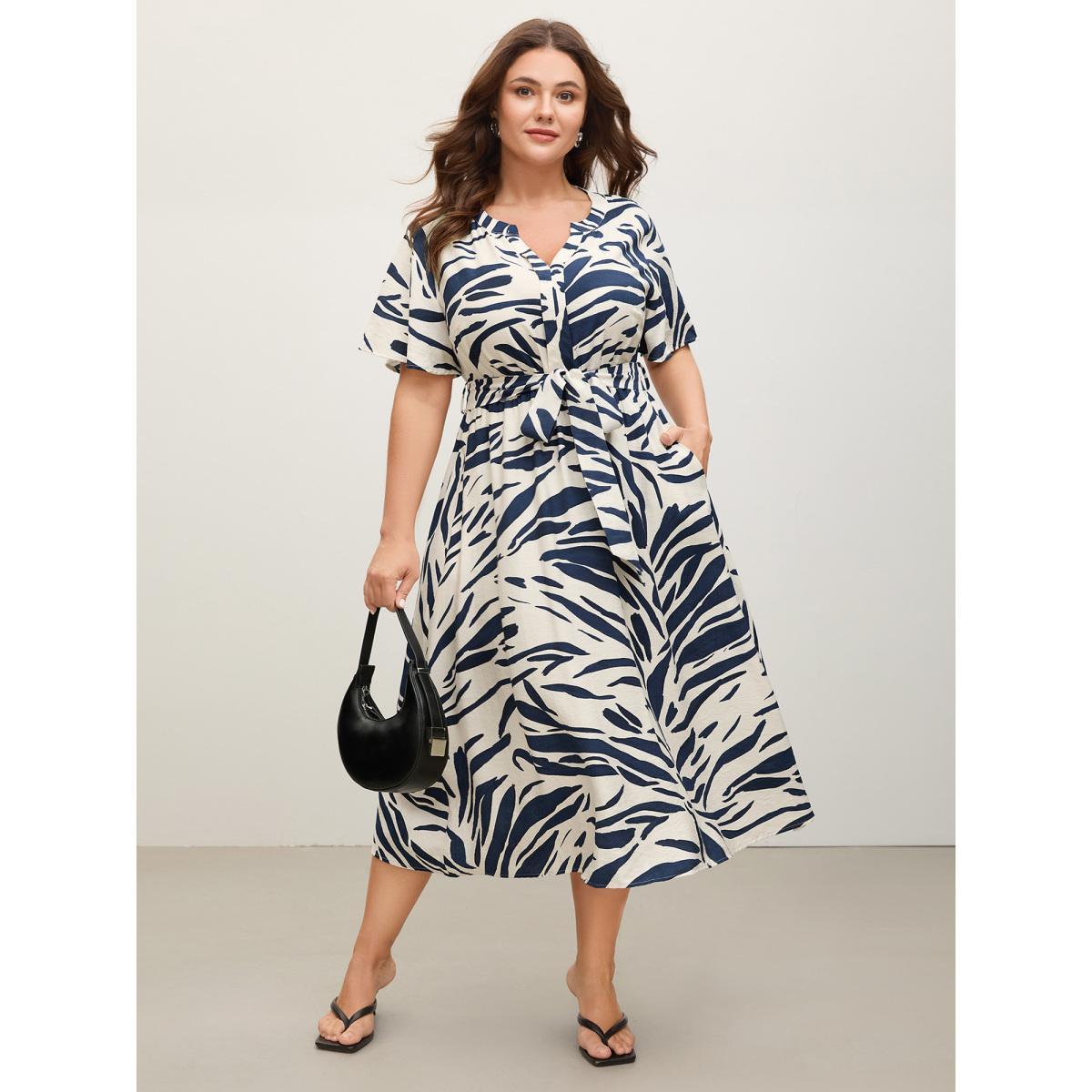 Plus Size Abstract Print Belted Pockets Midi Dress Ivory Women Belted Notched collar Short sleeve Curvy BloomChic 30/6X Product Image