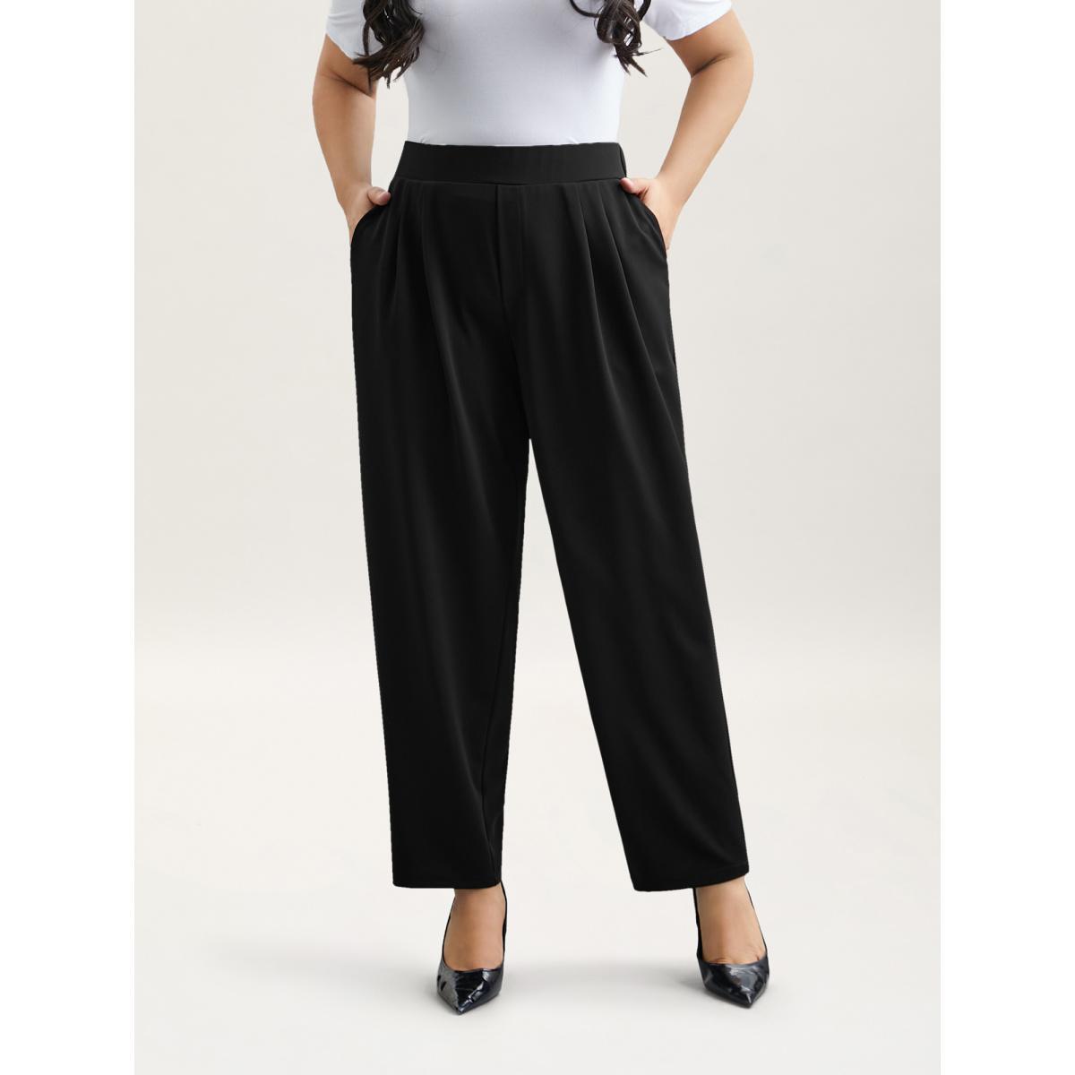 Plus Size Stretchy-Waist Straight Leg Pants Women Black Workwear Essentials Straight Leg Mid Rise Work Pants BloomChic 10/M Product Image