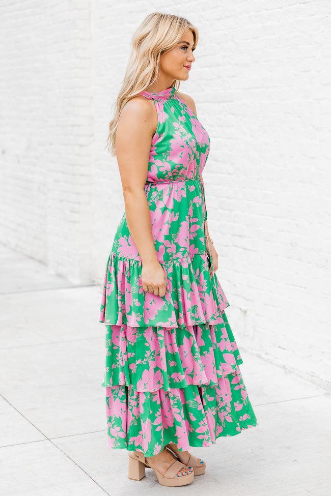 An Inspiration Green and Pink Printed Satin Halter Maxi Dress FINAL SALE Product Image