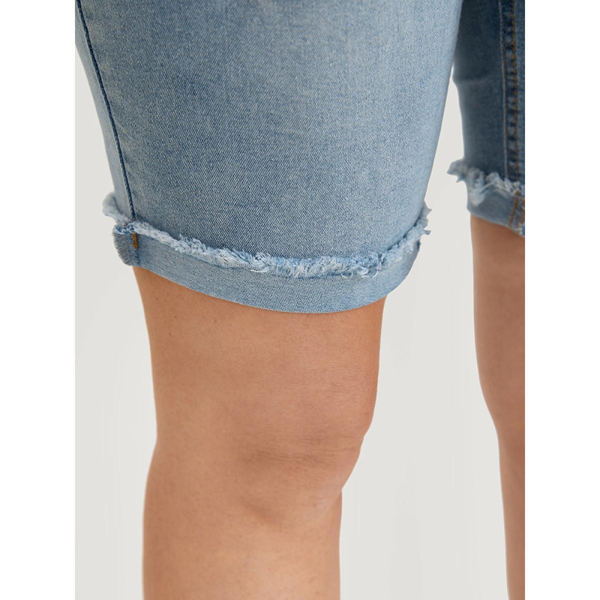 Plus Size Moderately Stretchy High Rise Light Wash Distressed Denim Shorts Women LightBlue Casual Plain Medium stretch Pocket Jeans BloomChic 12/L Product Image
