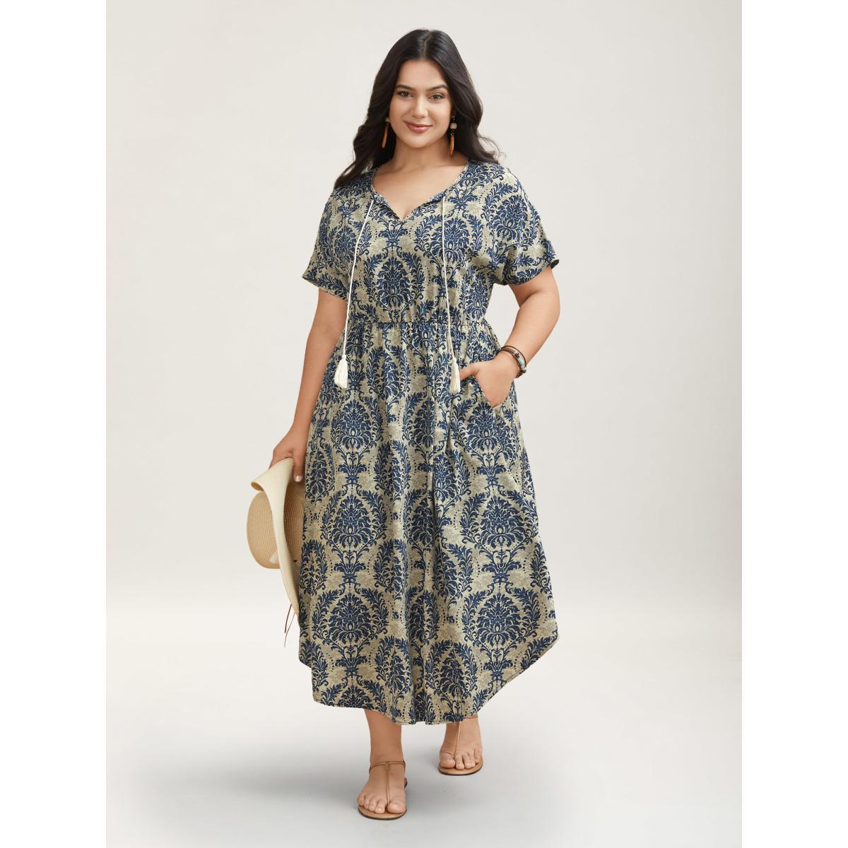 Plus Size Ornate Print Curvy Hem Tied Maxi Dress Navy Women Resort Tie knot V-neck Short sleeve Curvy BloomChic 10/M Product Image