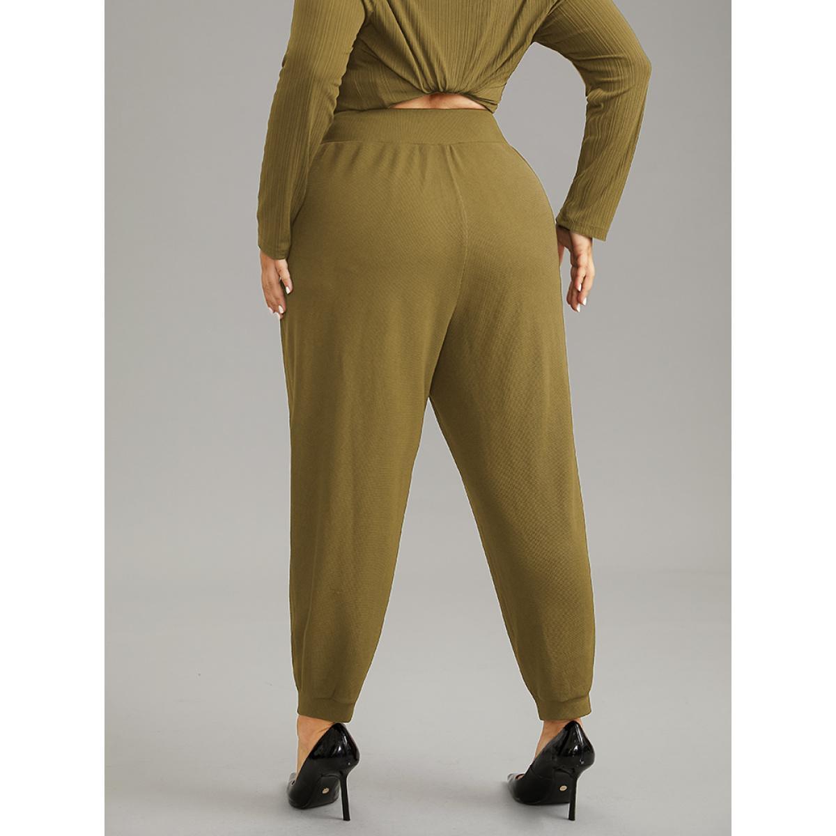 Plus Size Crossover Plain Texture High Rise Pants Women Olive Casual High Rise Everyday Pants BloomChic 30/6X Product Image