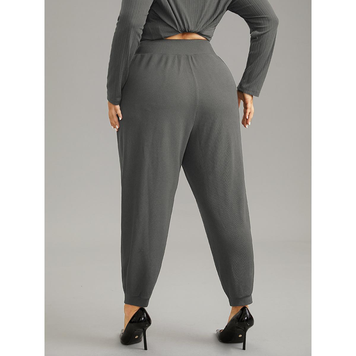 Plus Size Crossover Plain Texture High Rise Pants Women DimGray Casual High Rise Everyday Pants BloomChic 14-16/1X Product Image