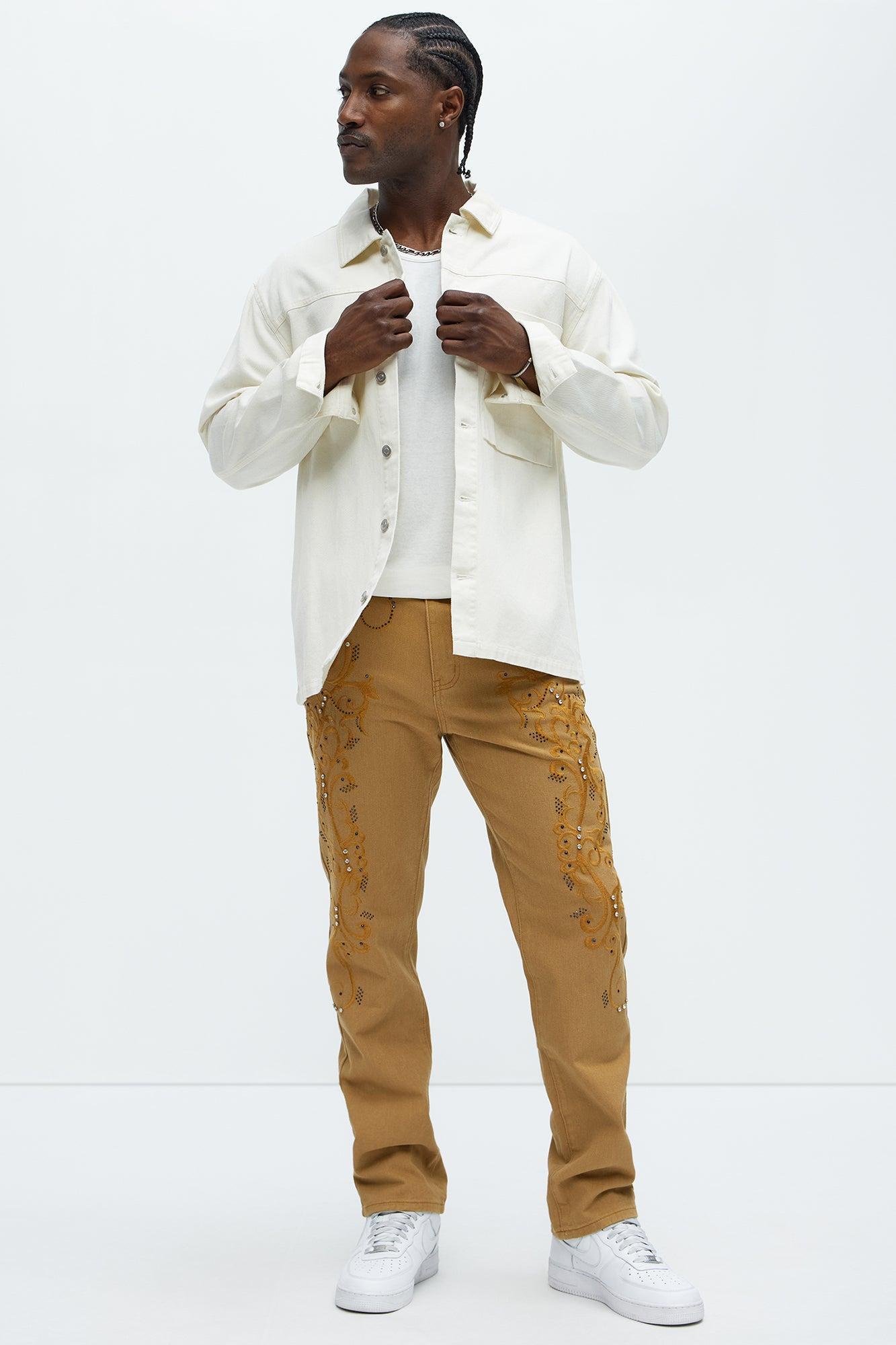 Kurt Rhinestone Embroidered Slim Jeans - Khaki Product Image