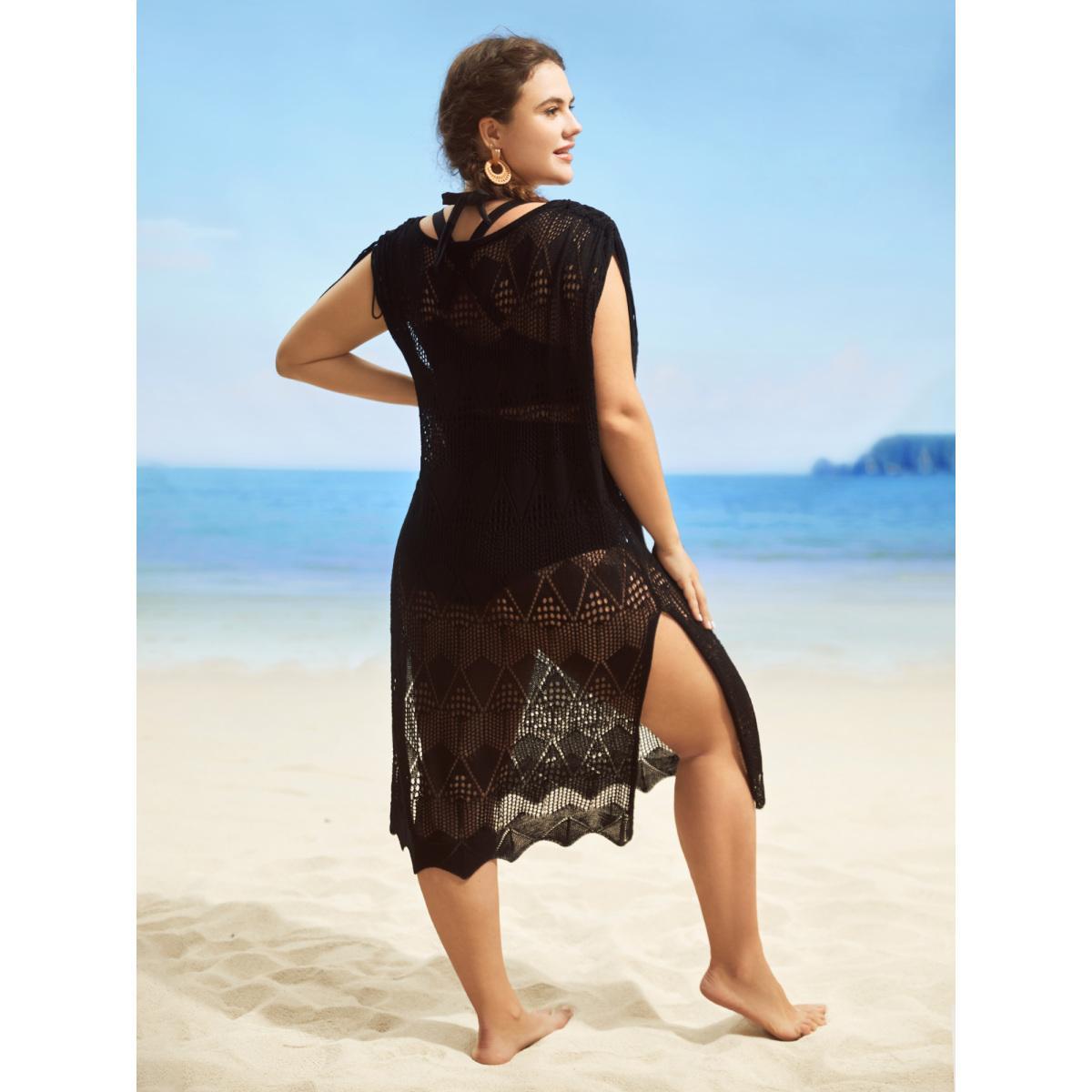 Plus Size Solid Drawstring Cut Out Split Hem Swim Cover Up Women's Swimwear Black Beach Loose Texture Curve Swim Cover Ups BloomChic 18-20/2X Product Image