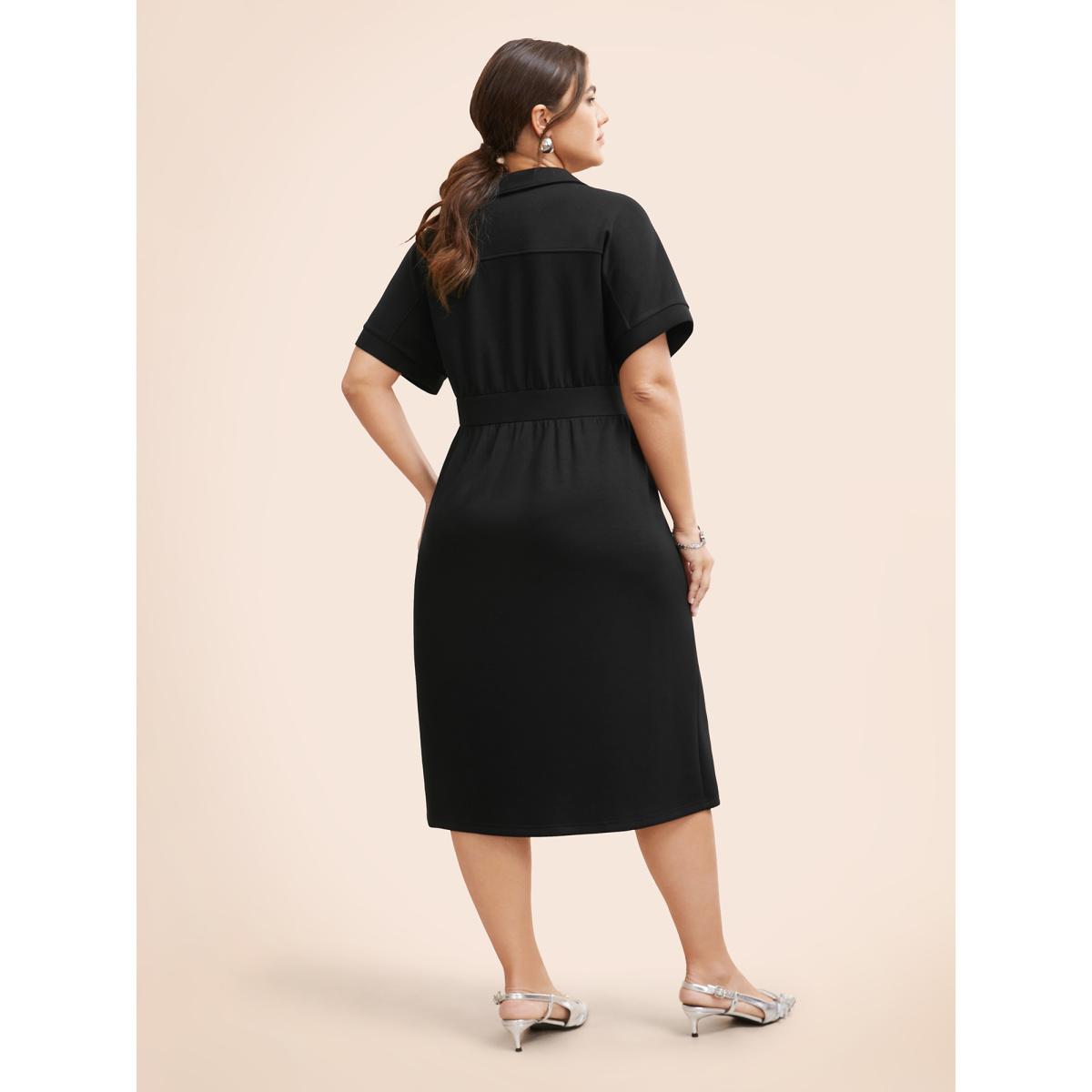 Plus Size Lapel Collar O Ring Zipper Midi Dress Black Women Work From Home Non Lapel Collar Short sleeve Curvy BloomChic 10/M Product Image