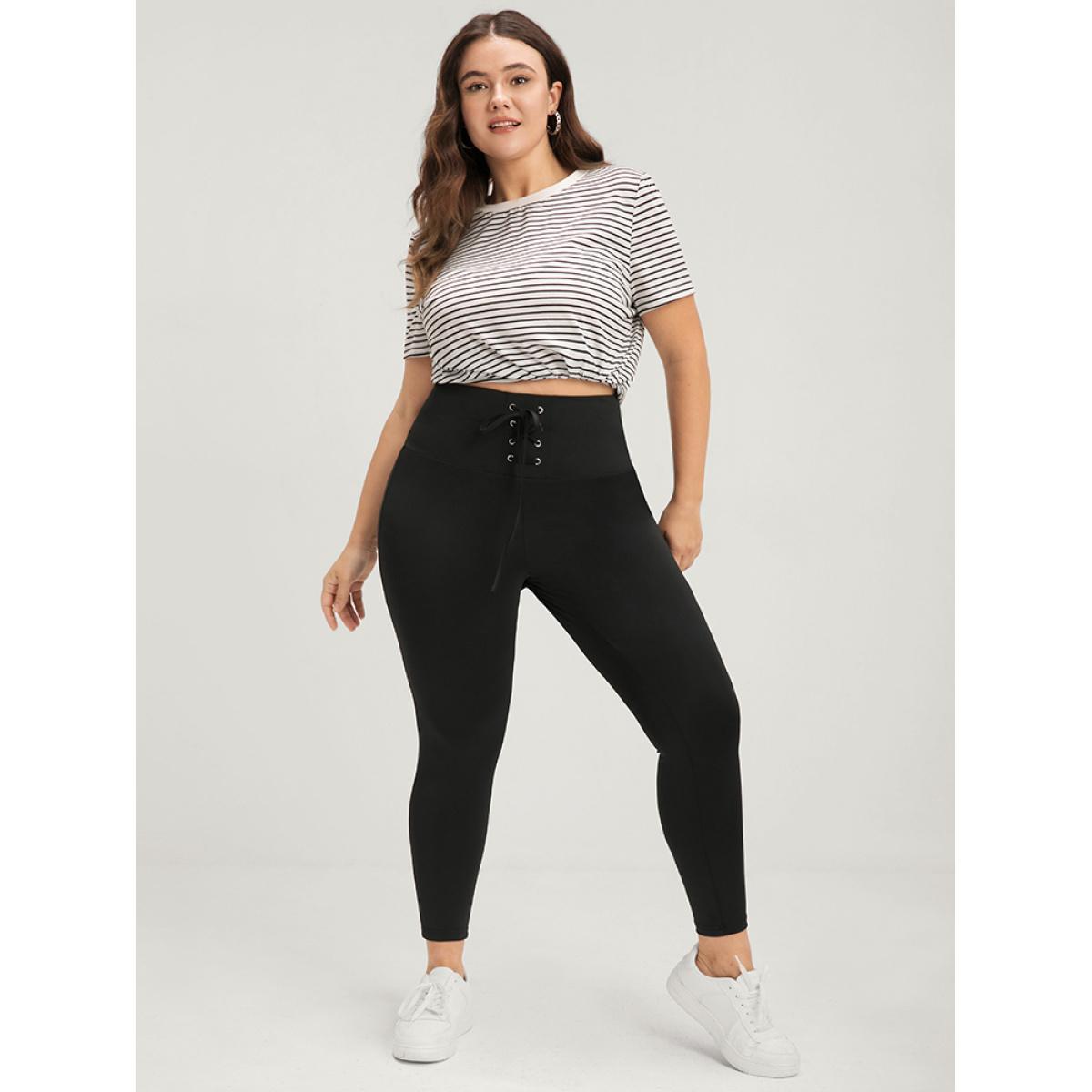 Plus Size Plain Wideband Waist Lace Up Skinny Leggings Women Black Casual High stretch Skinny High Rise Dailywear Leggings BloomChic 18-20/2X Product Image