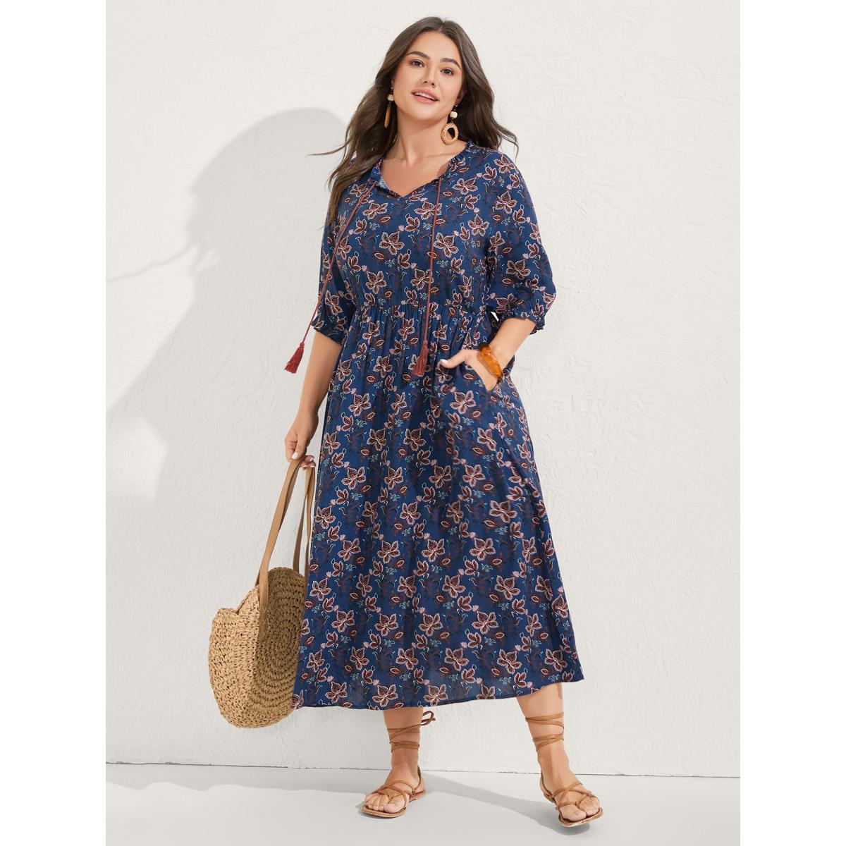 Plus Size Boho Floral Neck Tie Midi Dress DarkBlue Women Notched collar Half Sleeve Curvy BloomChic 12/L Product Image