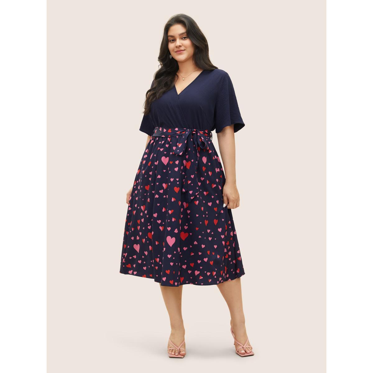 Plus Size Heart Print Patchwork Belted Wrap Dress DarkBlue Women Elegant Wrap Overlap Collar Half Sleeve Curvy Midi Dress BloomChic 22-24/3X Product Image