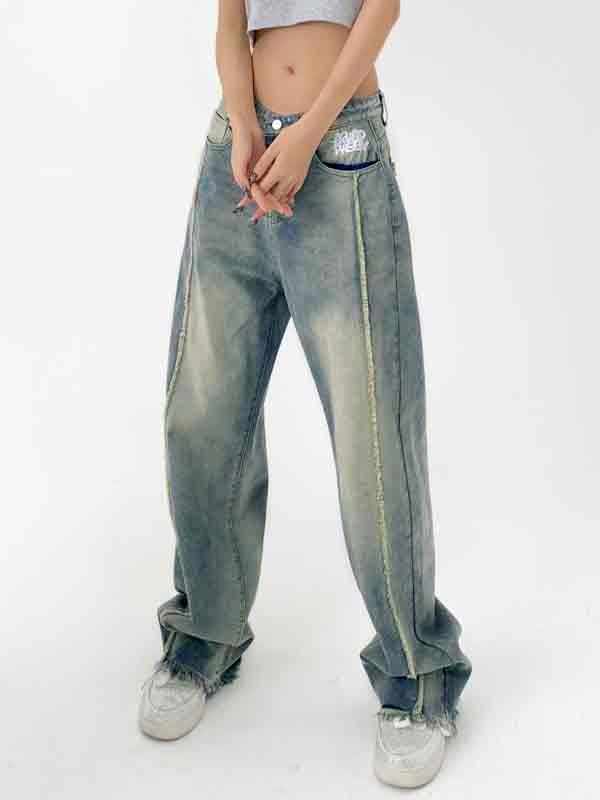 Vintage Embroidery Burr Loose Boyfriend Jeans Product Image