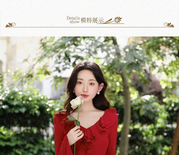 Long Sleeve V-Neck Plain Ruffle Ruched Maxi A-Line Dress Product Image