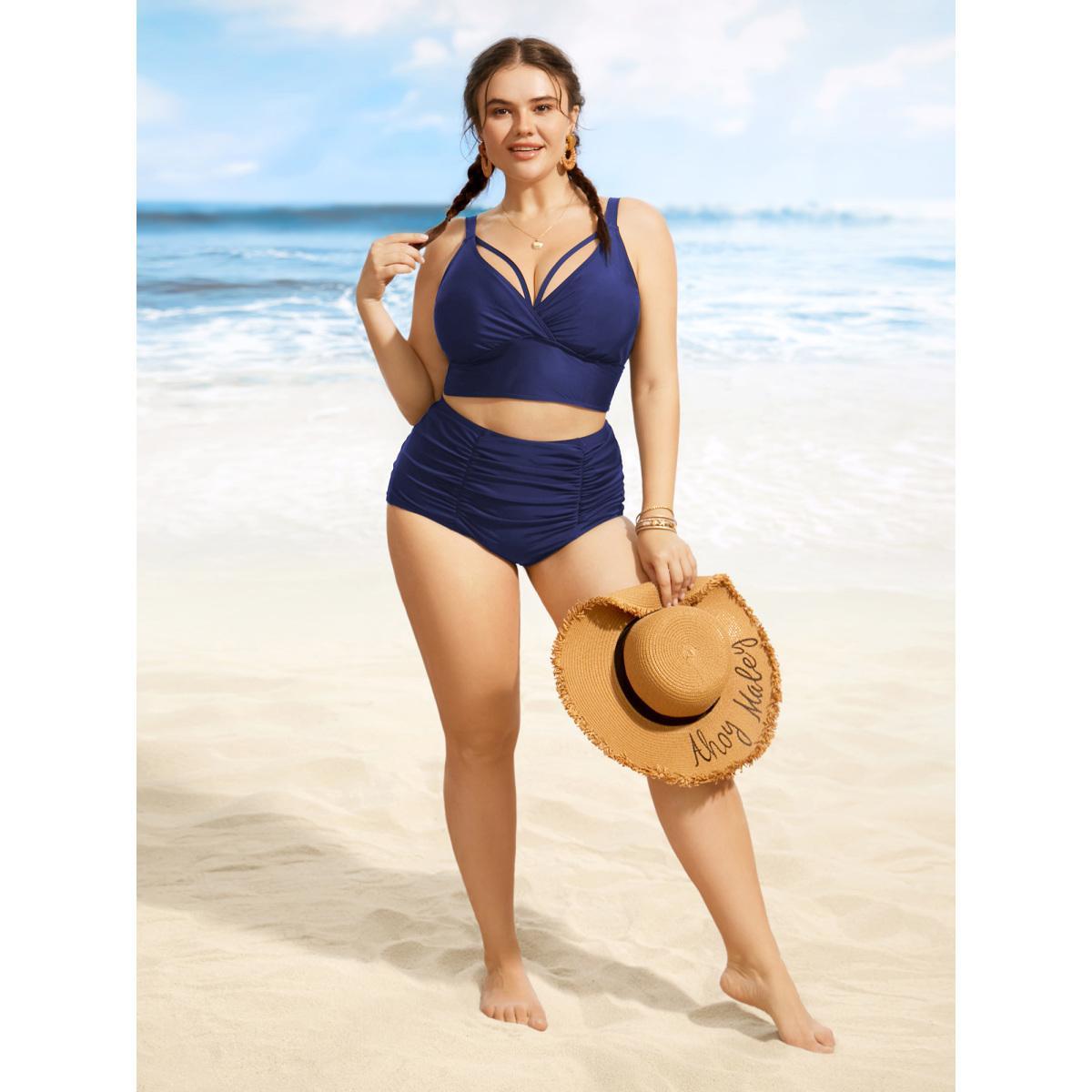 Plus Size Solid Cut Out Adjustable Straps Swim Top Women's Swimwear ArmyGreen Beach Non High stretch Skinny Overlap Collar Curve Swim Tops BloomChic 26/4X Product Image