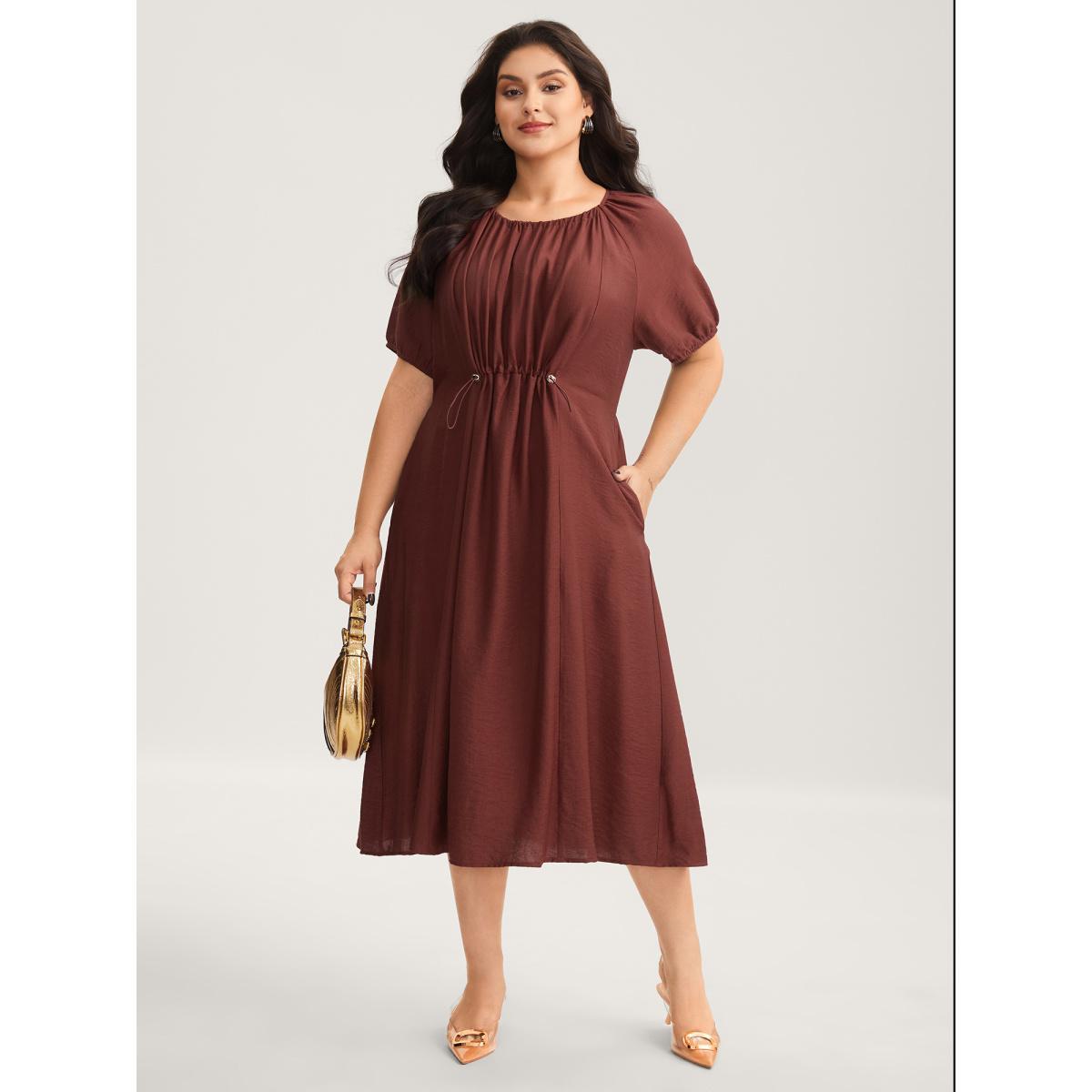 Plus Size Rayon Pleated Waist-Cut Midi Dress Yellowishbrown Women Round Neck Short sleeve Curvy BloomChic 18-20/2X Product Image