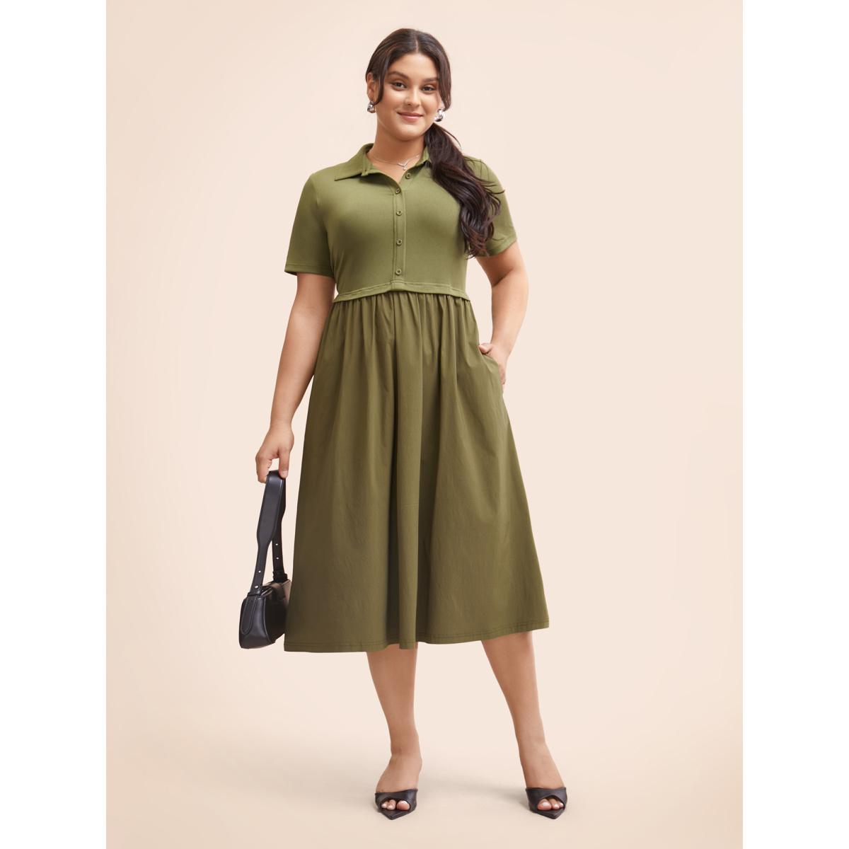 Plus Size Stretch Woven Waist-Cinching Midi Dress Olive Women Work From Home Patchwork Shirt collar Short sleeve Curvy BloomChic 26/4X Product Image