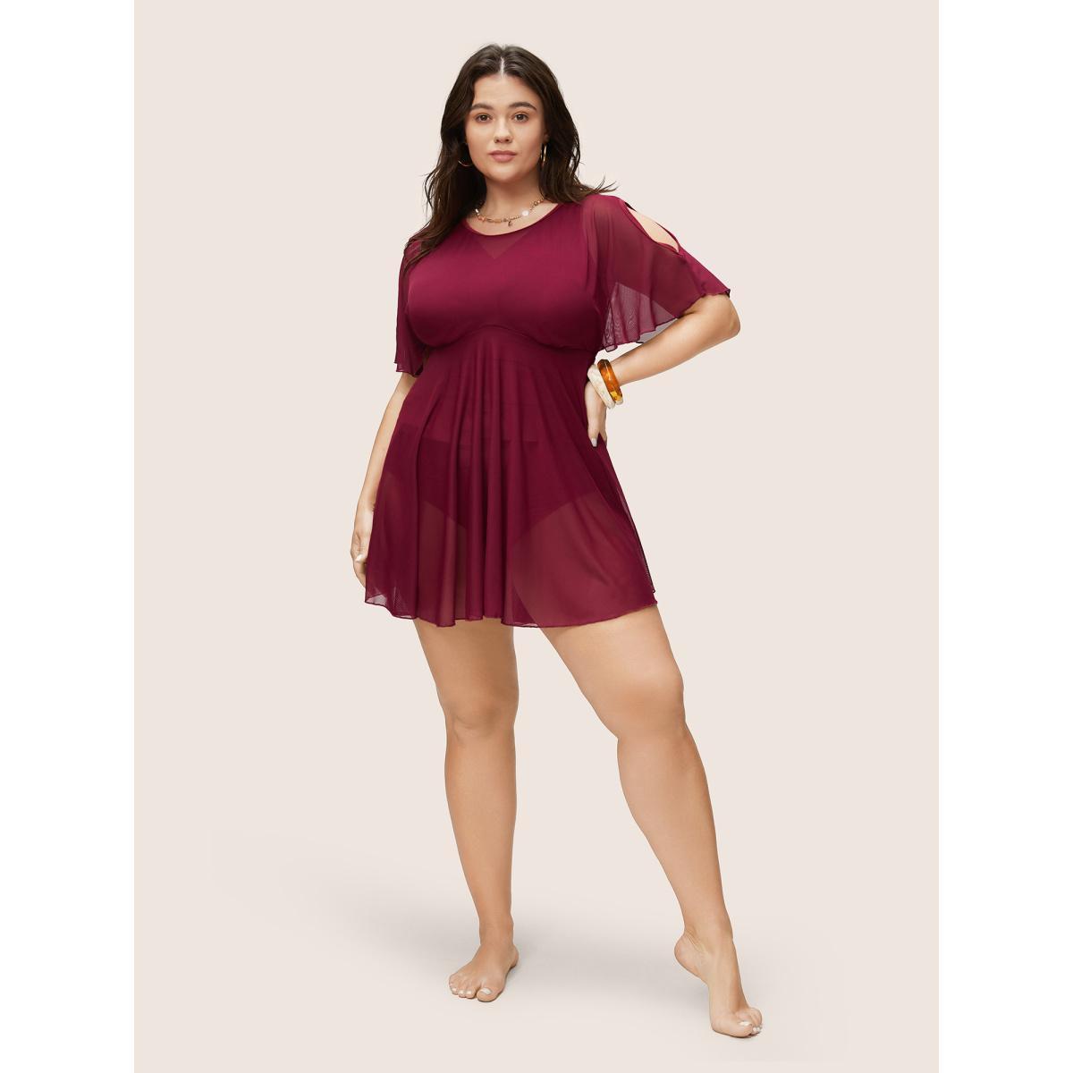 Plus Size Plain Flutter Sleeve Tiered Mesh Swim Dress Women's Swimwear Scarlet Beach Bodycon Round Neck High stretch Curve Swim Dresses BloomChic 14-16/1X Product Image