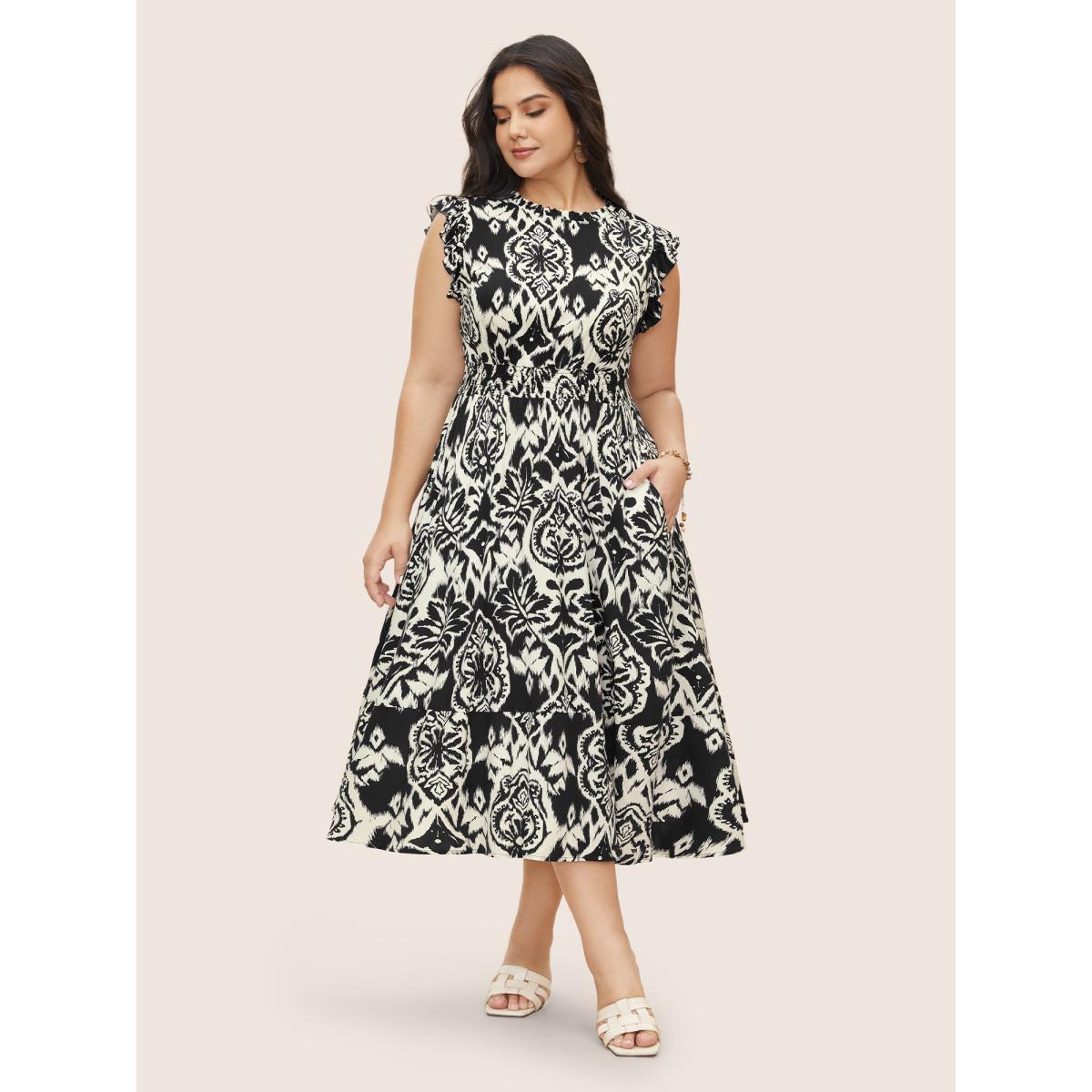 Plus Size Boho Print Mock Neck Shirred Ruffle Cap Sleeve Dress Black Women Resort Shirred Mock Neck Cap Sleeve Curvy Midi Dress BloomChic 30/6X Product Image