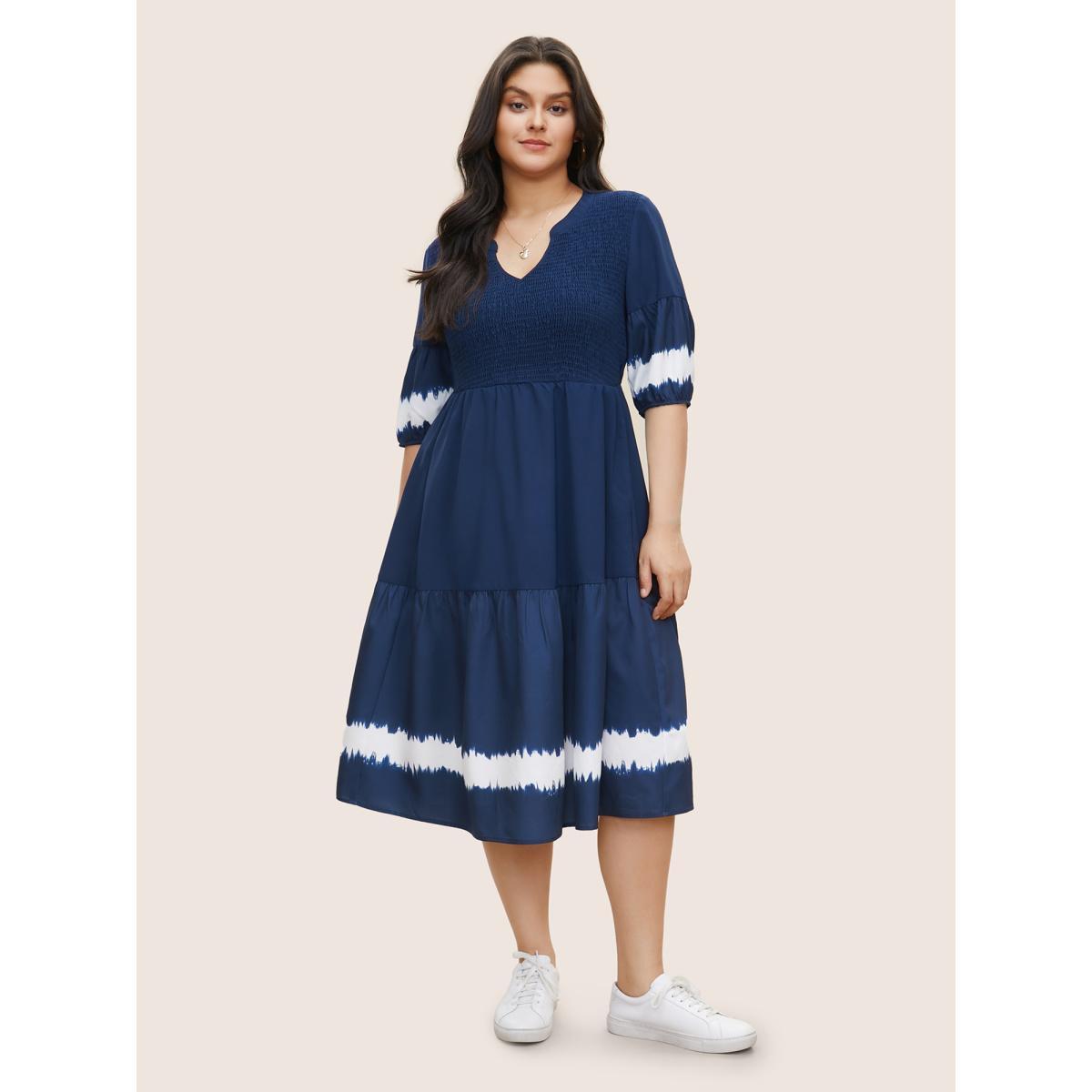 Plus Size Tie Dye Shirred Pocket Notched Dress DarkBlue Women Casual Non Notched collar Half Sleeve Curvy Midi Dress BloomChic 30/6X Product Image