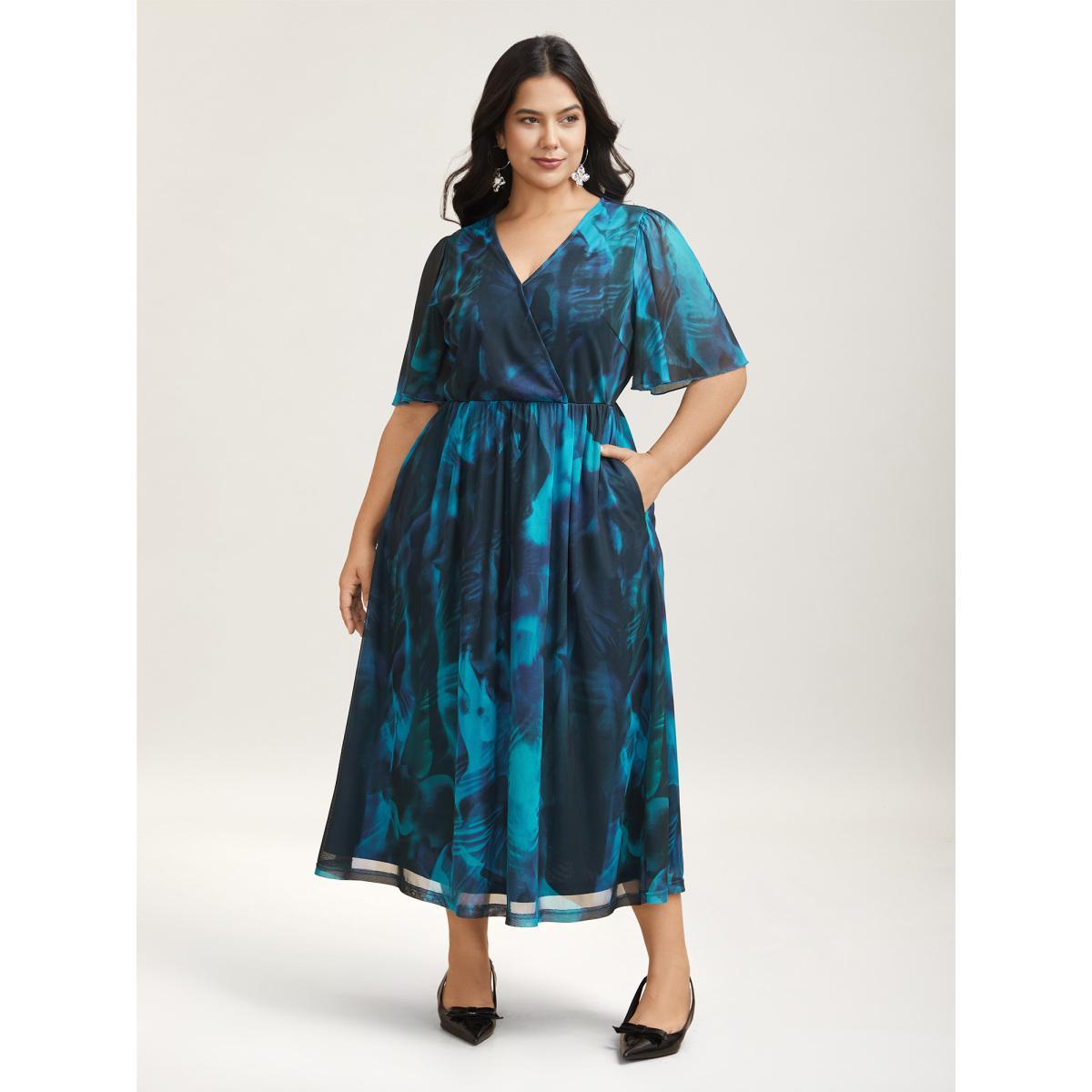 Plus Size Floral Fusion Wrap Neck Midi Dress Mediumblue Women Elegant Gathered Overlap Collar Short sleeve Curvy BloomChic 12/L Product Image