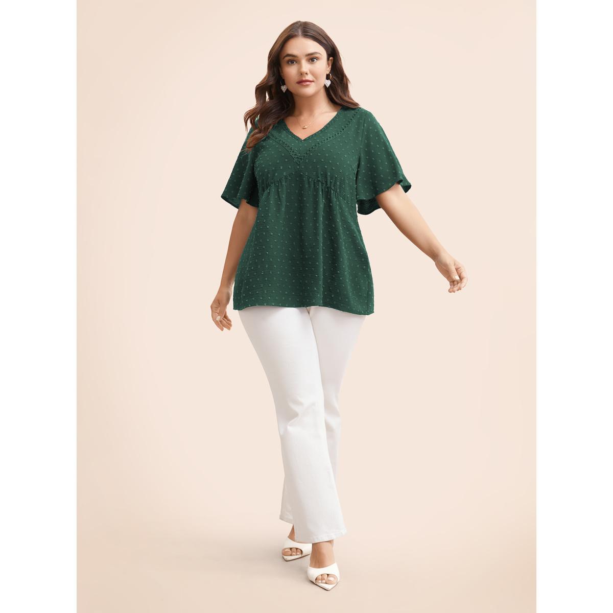 Plus Size DarkGreen Polka Dot Frill Trim V Neck Flutter Blouse Women Elegant Short sleeve V-neck Work Blouses BloomChic 18-20/2X Product Image