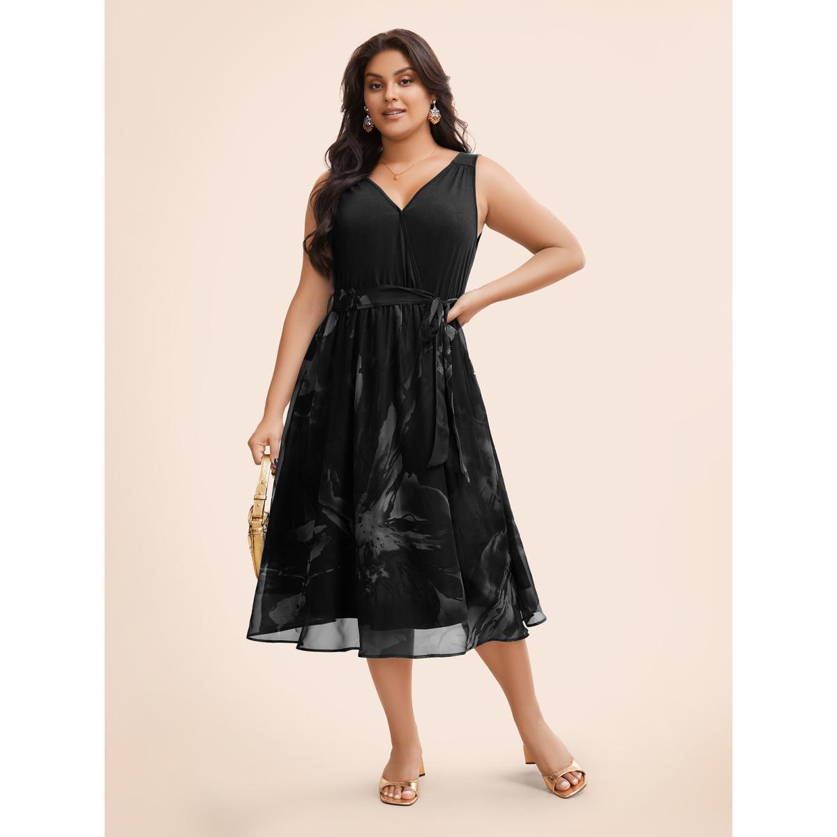 Plus Size Floral Print Belted Patchwork Pocket Tank Dress Navy Women Glamour Wrap Overlap Collar Sleeveless Curvy Midi Dress BloomChic 10/M Product Image