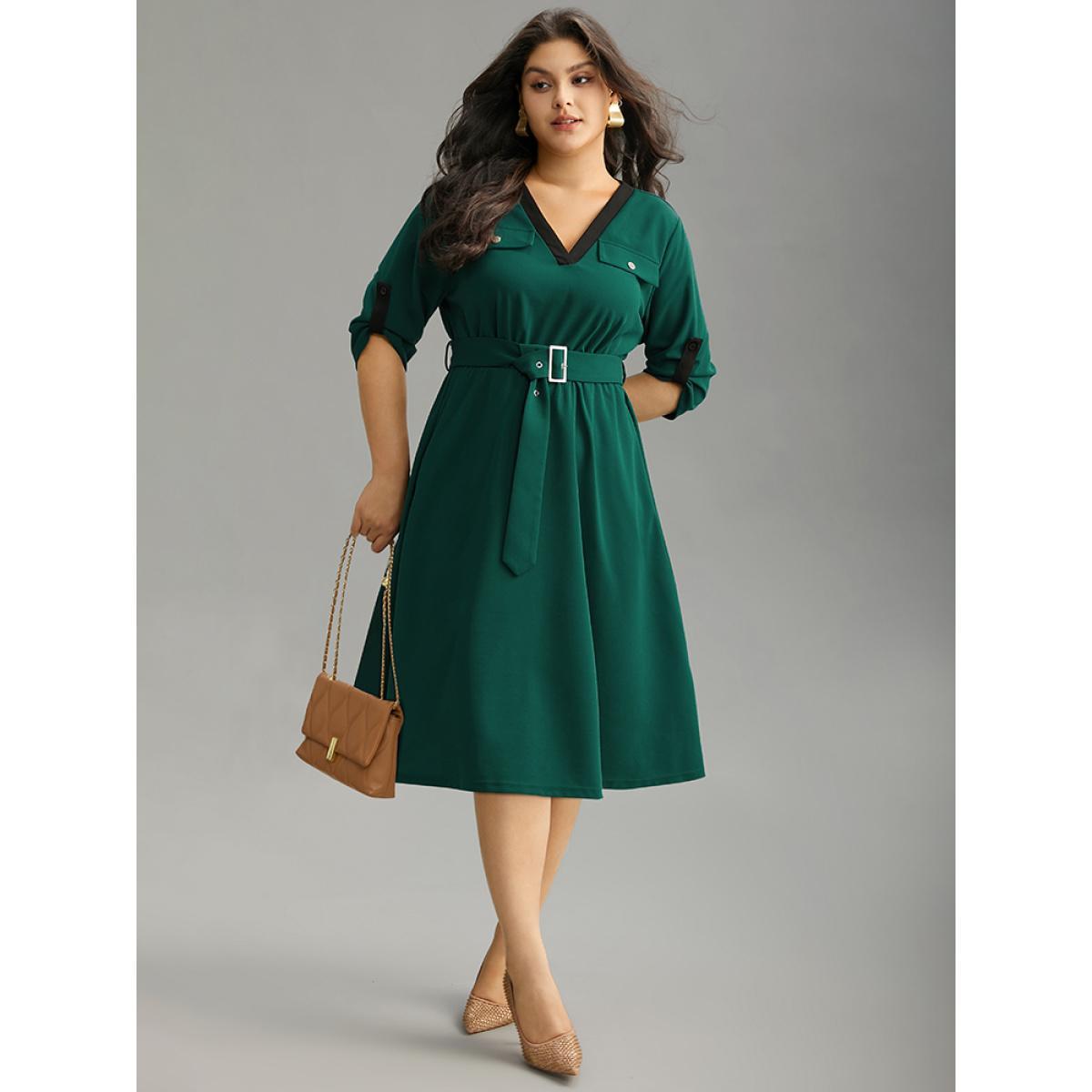 Plus Size Solid Contrast Trim Belted Flap Detail Dress Emerald Women Office Gathered V-neck Elbow-length sleeve Curvy Midi Dress BloomChic 18-20/2X Product Image