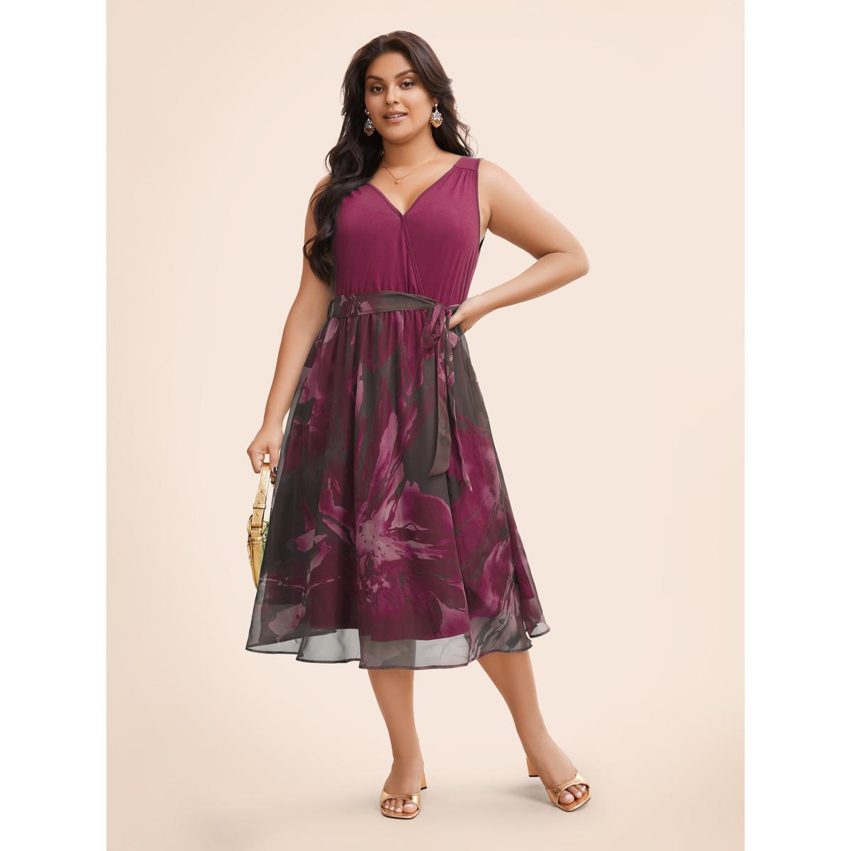 Plus Size Floral Print Belted Patchwork Pocket Tank Dress RedViolet Women Glamour Wrap Overlap Collar Sleeveless Curvy Midi Dress BloomChic 14-16/1X Product Image