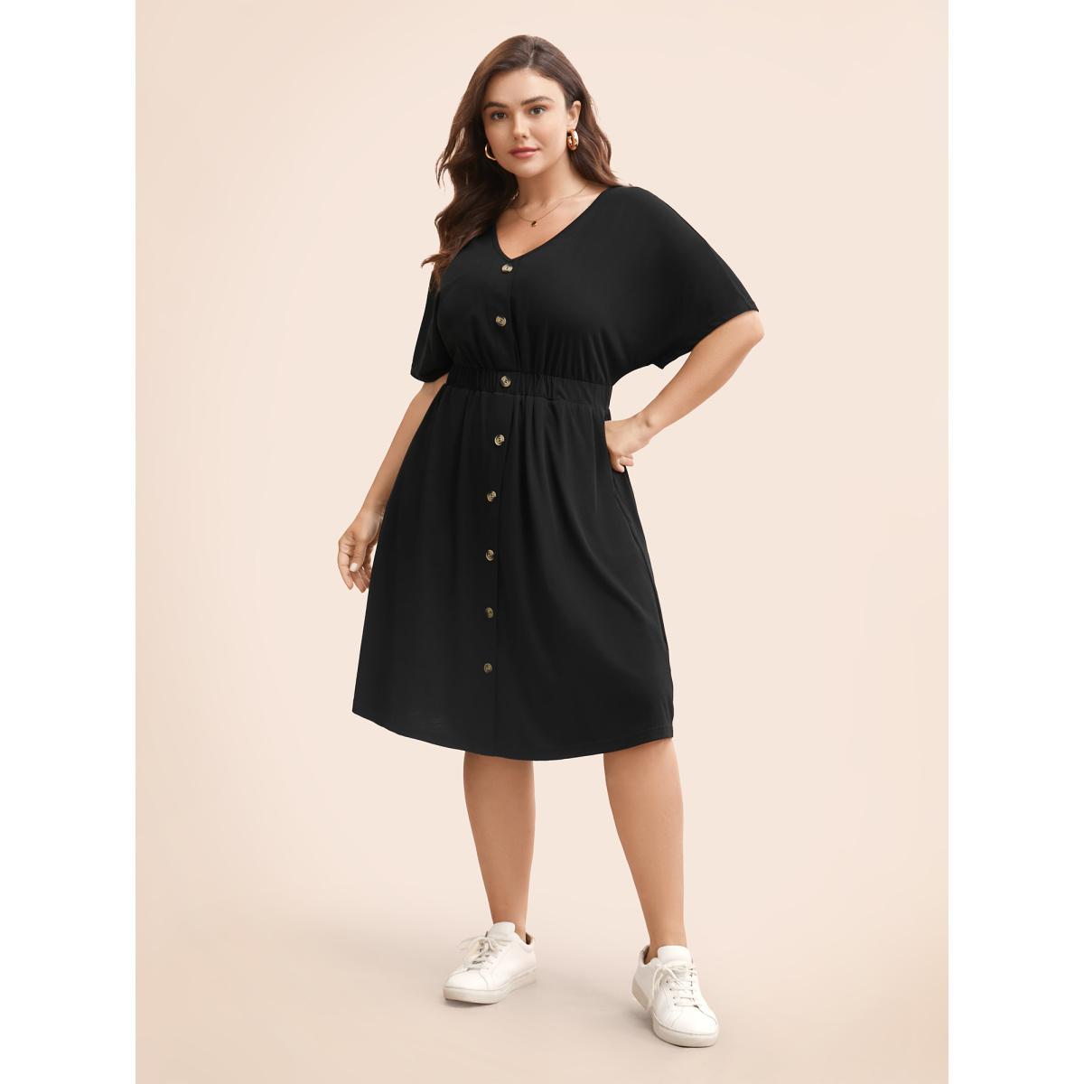 Plus Size Supersoft Essentials Contrast Button Detail Shirred Pocket Dress Black Women Casual Plain V-neck Short sleeve Curvy Midi Dress BloomChic 12/L Product Image