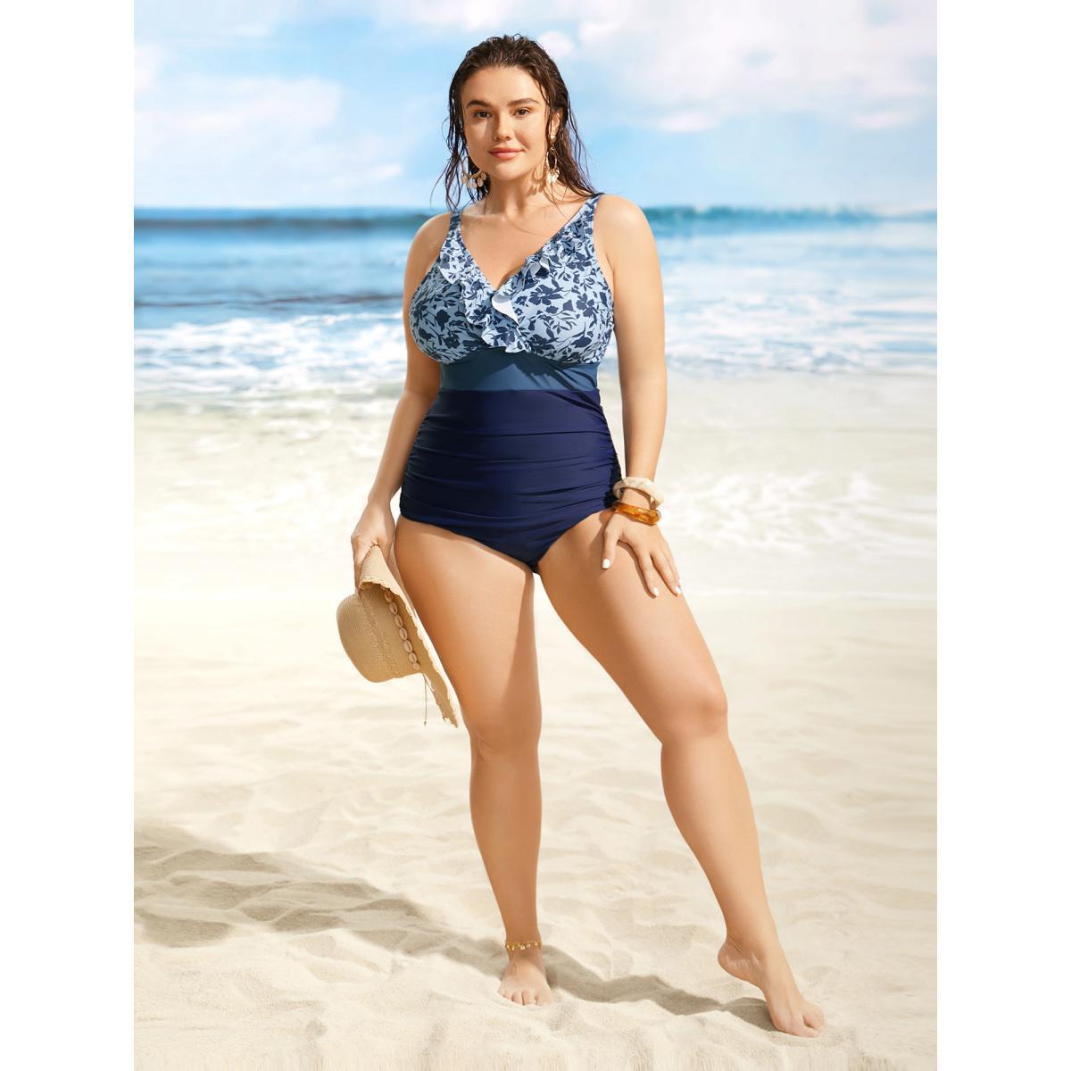 Plus Size Silhouette Floral Print Patchwork Ruffles One Piece Swimsuit Women's Swimwear Indigo Beach Gathered Curve Bathing Suits High stretch One Pieces BloomChic 28/5X Product Image