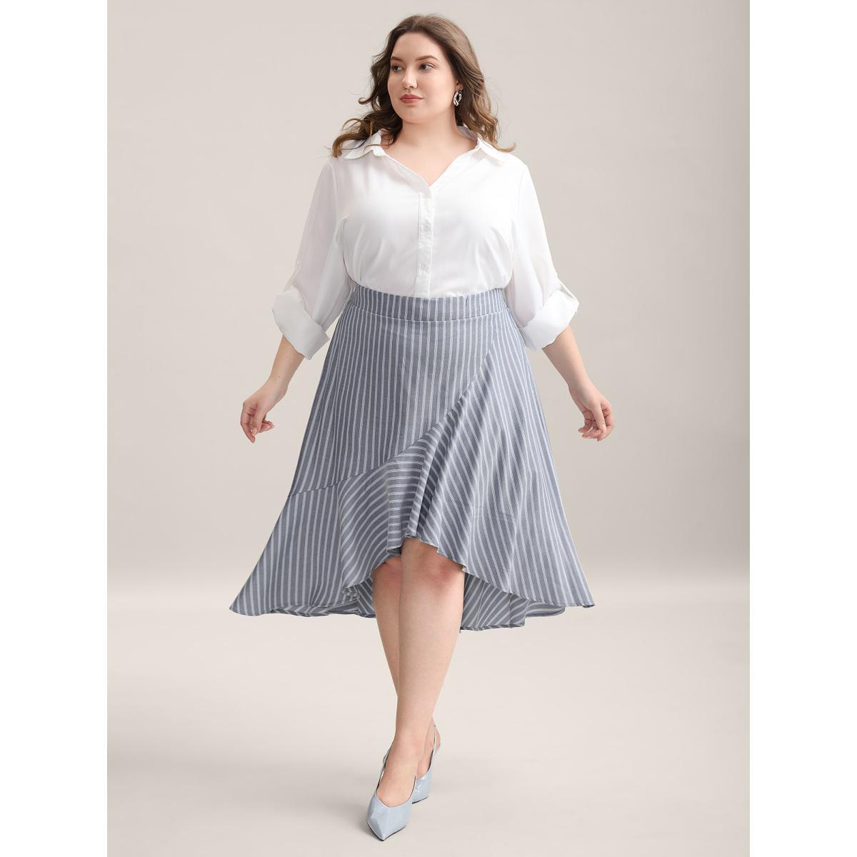 Plus Size Stripe Print High-Low Hem Midi Skirt Women SlateGray At the Office Asymmetrical Bodycon No stretch Side seam pocket Work Skirts BloomChic 12/L Product Image