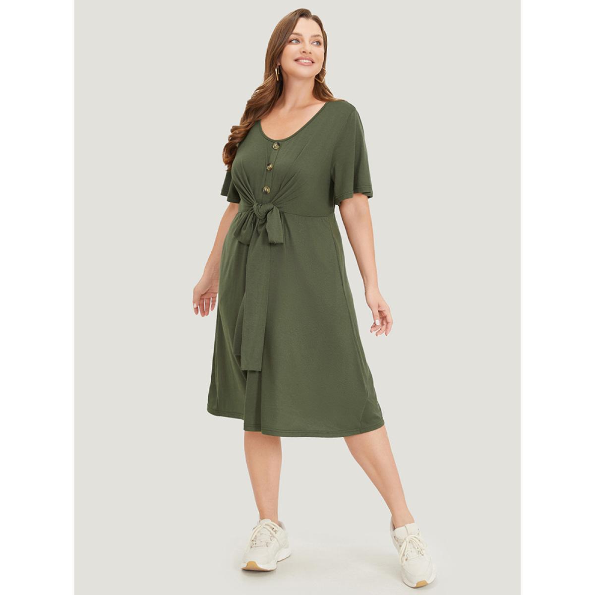 Plus Size Supersoft Essentials Plain Pocket Twist Front Button Detail Dress ArmyGreen Women Casual Elastic Waist Scoop Neck Short sleeve Curvy Midi Dress BloomChic 10/M Product Image