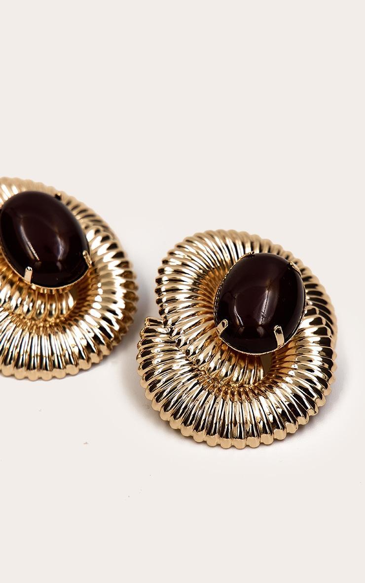 Gold Ribbed Oversized Gem Statement Stud Earrings Product Image