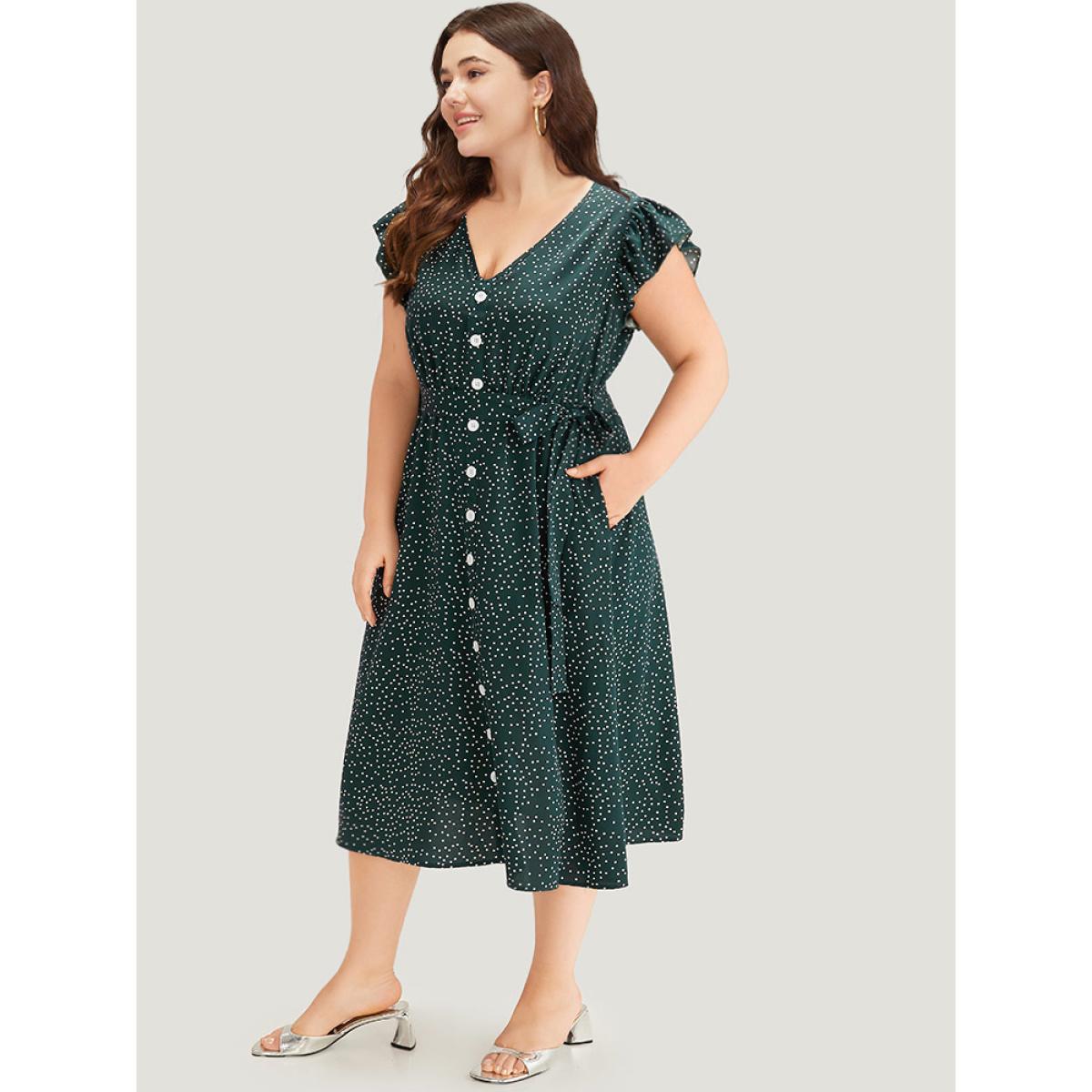 Plus Size Polka Dot Flutter Trim Button Detail Belted Dress Teal Women Office Belted V-neck Sleeveless Curvy Midi Dress BloomChic 22-24/3X Product Image