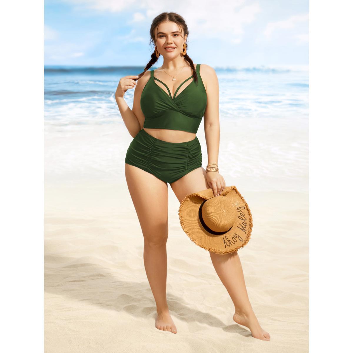 Plus Size Solid Cut Out Adjustable Straps Swim Top Women's Swimwear ArmyGreen Beach Non High stretch Skinny Overlap Collar Curve Swim Tops BloomChic 26/4X Product Image