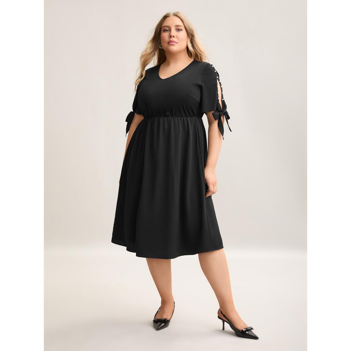 Plus Size Cut-Out Sleeve Beaded Pockets Midi Dress Black Women At the Office Tie knot V-neck Short sleeve Curvy BloomChic 18-20/2X Product Image