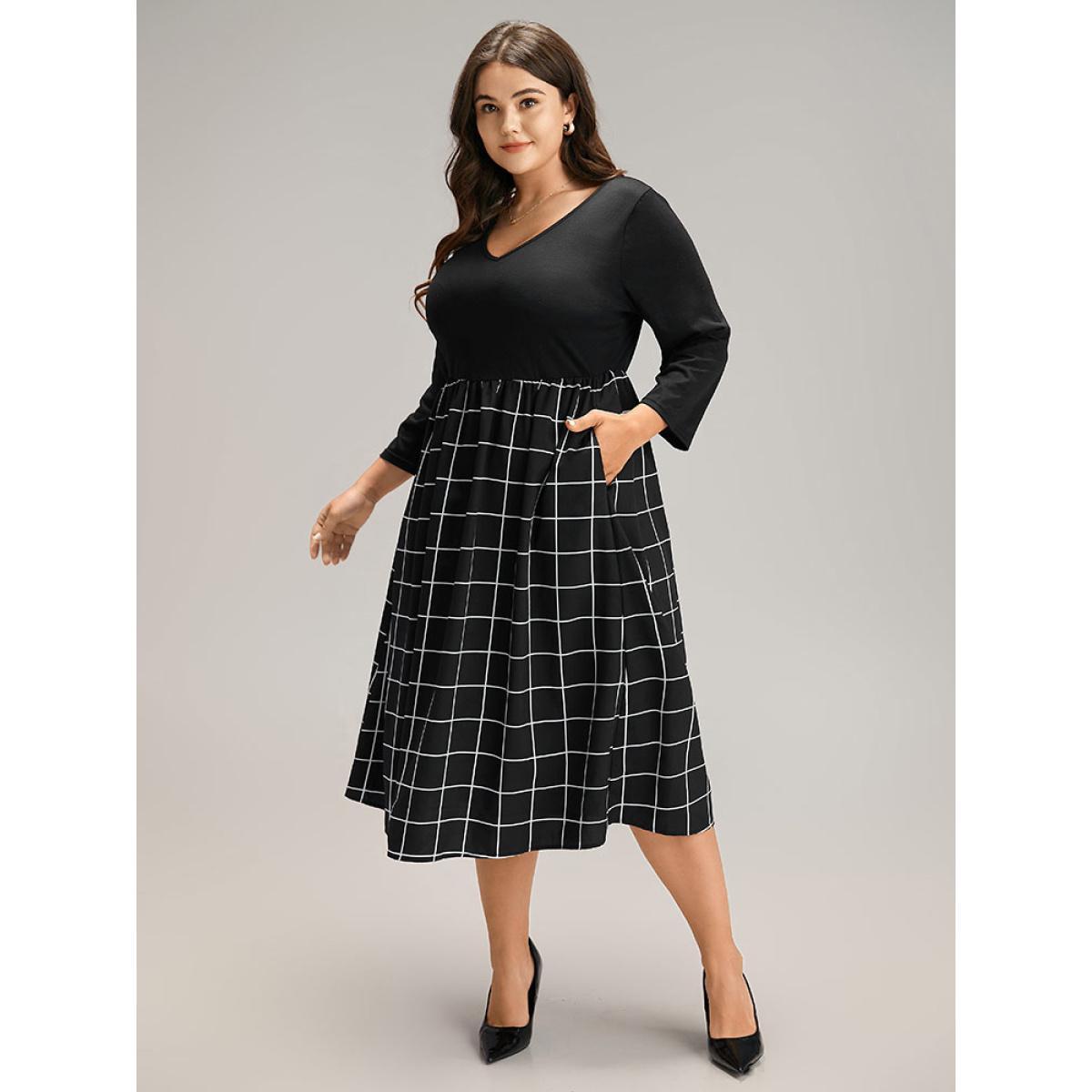 Plus Size Plaid Patchwork Pocket Elastic Waist Dress Black Women Casual Printed V-neck Elbow-length sleeve Curvy Midi Dress BloomChic 14-16/1X Product Image