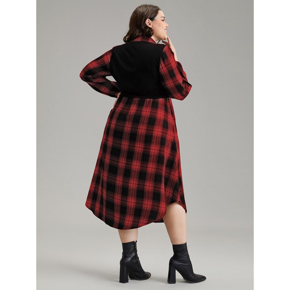 Plus Size Plaid Patchwork Jacquard Button Detail Arc Hem Dress Scarlet Women Casual Elastic cuffs Shirt collar Long Sleeve Curvy Midi Dress BloomChic 14-16/1X Product Image