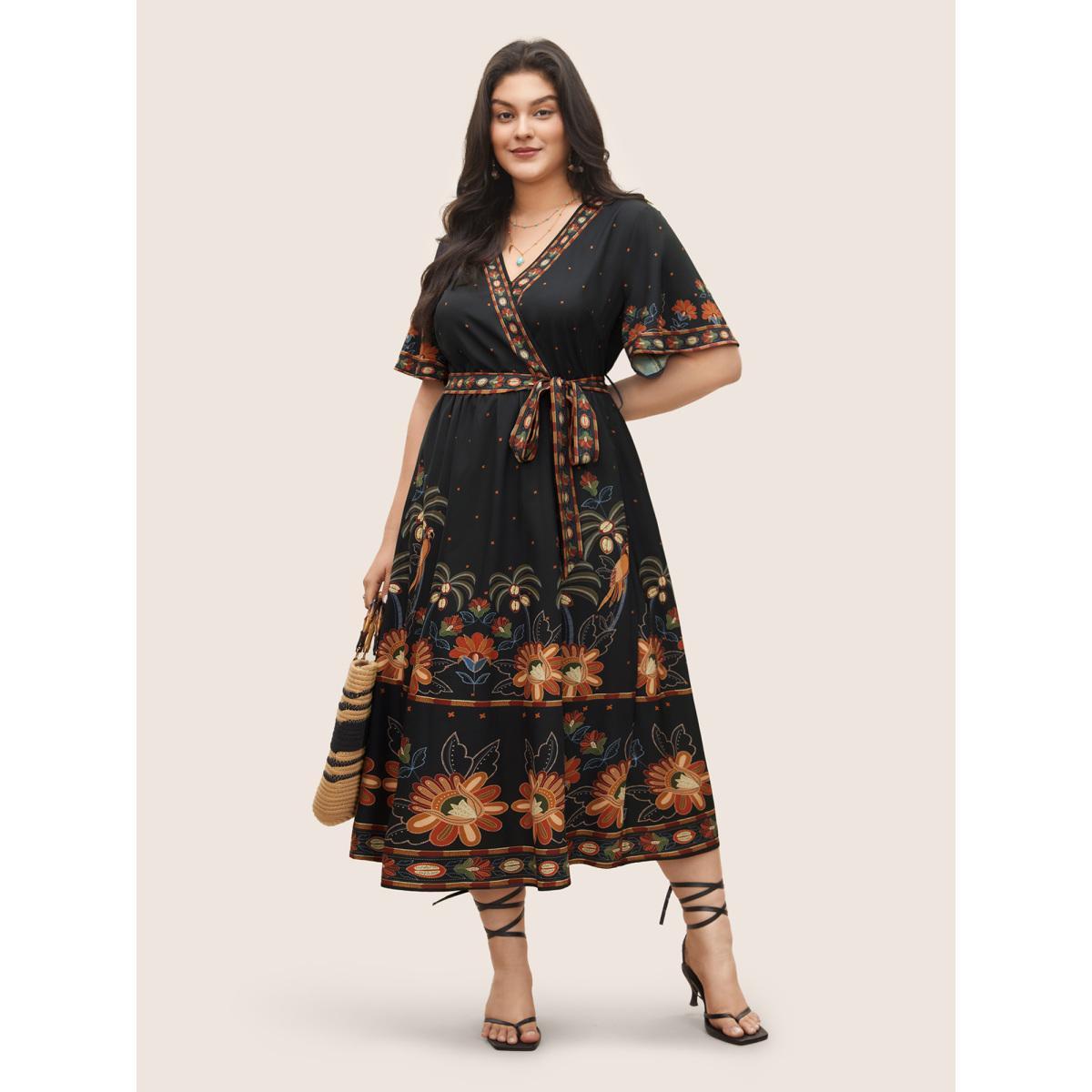 Plus Size Bandana Print Surplice Neck Flutter Sleeve Dress Black Women Resort Non V-neck Short sleeve Curvy Midi Dress BloomChic 22-24/3X Product Image